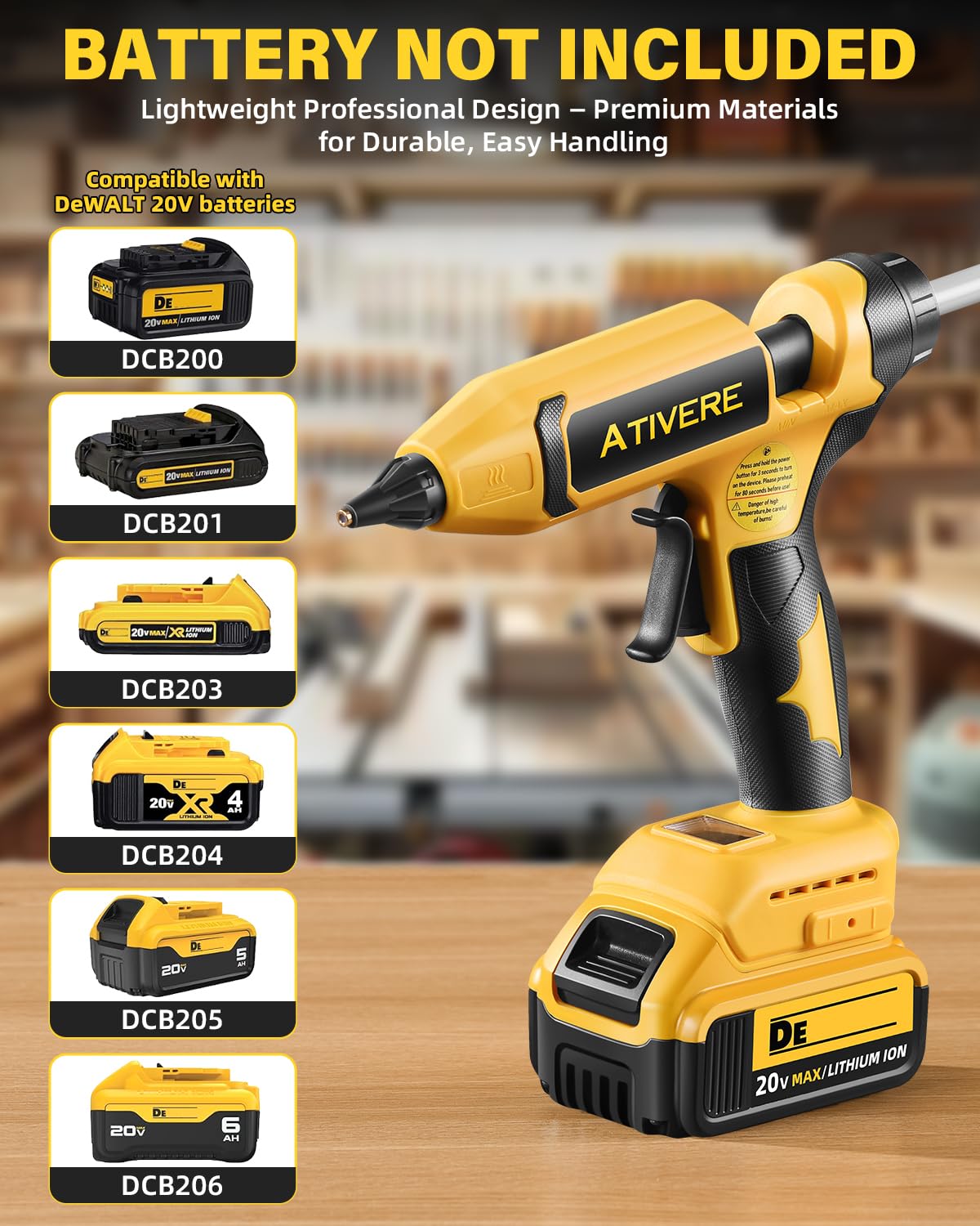Pistolet à colle chaude sans fil 100 W compatible avec batterie DeWalt 20 V (outil uniquement), pistolet à colle numérique sans fil amélioré à température réglable avec 10 bâtons de colle de