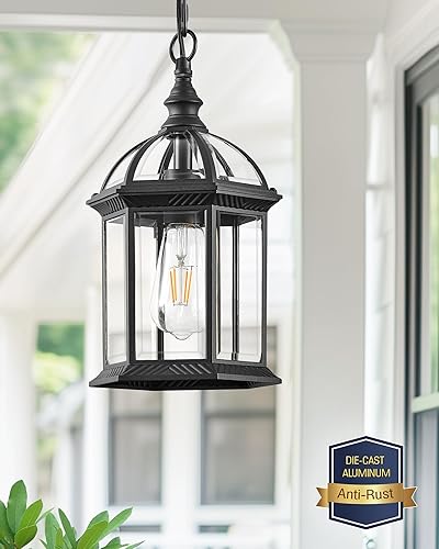 Miniatura 7 de VIANIS Lámpara colgante grande de 13.8 pulgadas para exteriores, luces colgantes negras para porche con vidrio templado, antioxidante, luz de techo