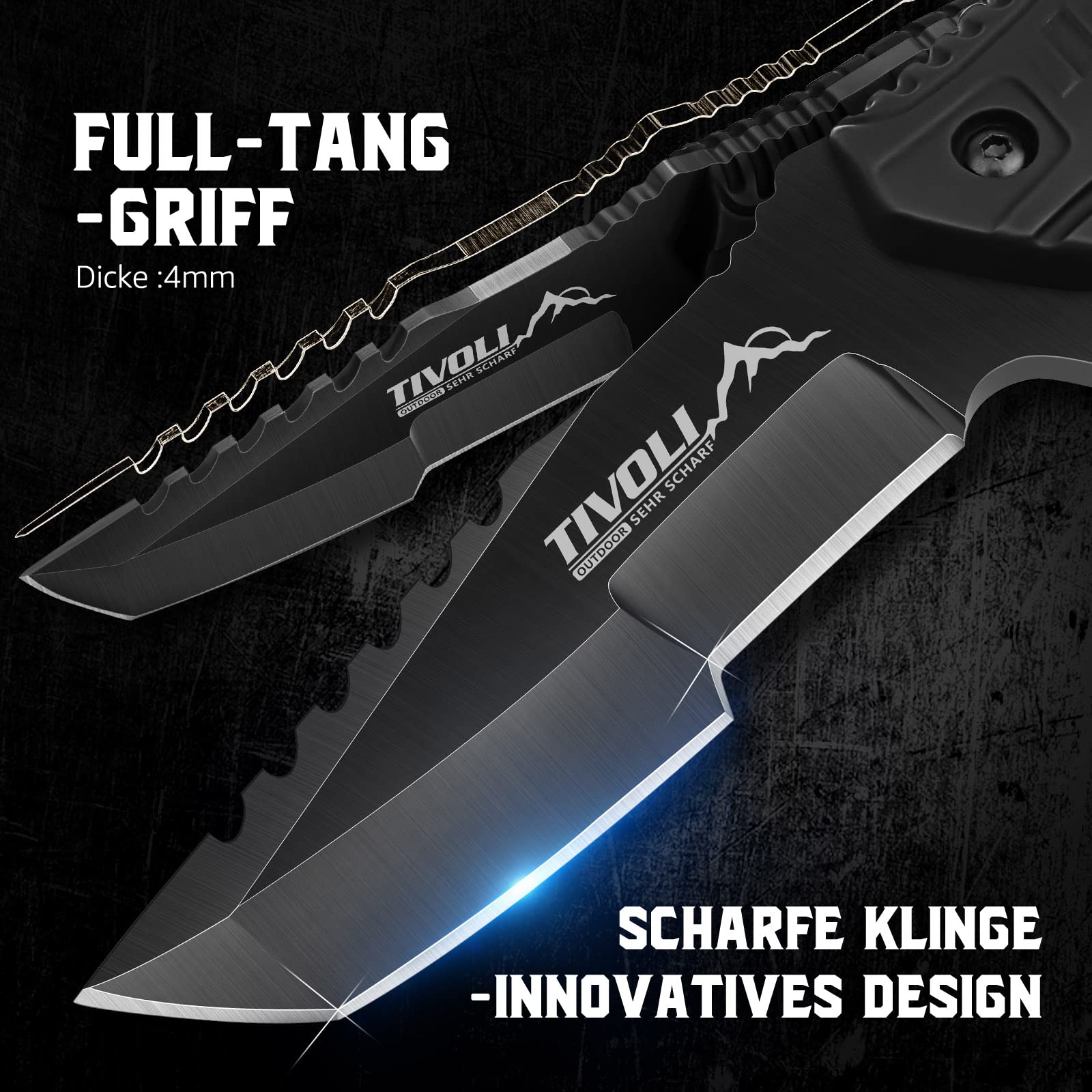 TIVOLI Coltello da Caccia con Fodera Kydex, Coltello di Sopravvivenza e Bushcraft in Acciaio Inossidabile, Lunghezza Lama 9,5 cm, per Attività Outdoor, Campeggio e Sopravvivenza