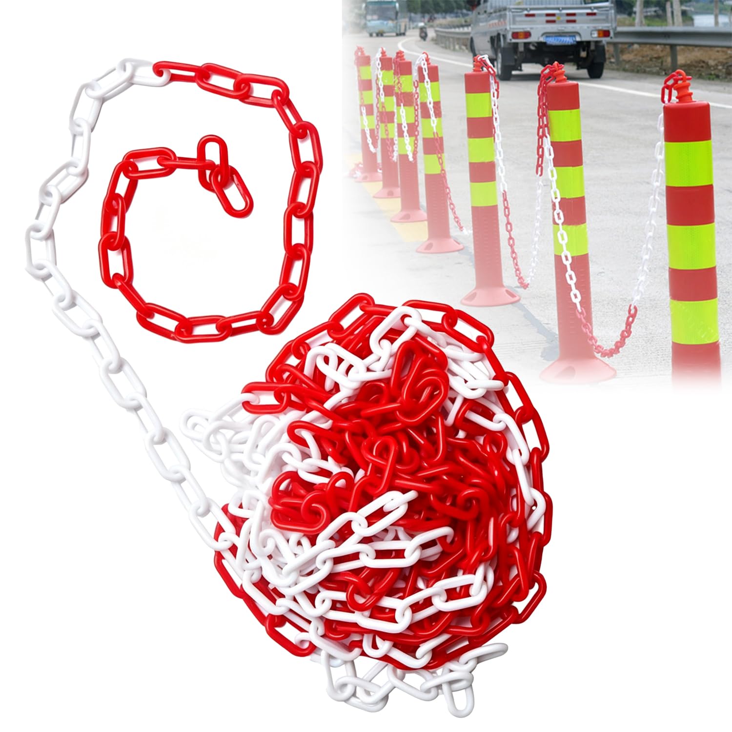 Chaîne De Signalisation En Plastique Rouge Et Blanc,50m Chaîne De Barrière Plastique De 6 Mm d'Épaisseur,Avec 2 Crochets,Pour La Sécurité d'Avertissement, De Parking, De Construction, De Surfaces