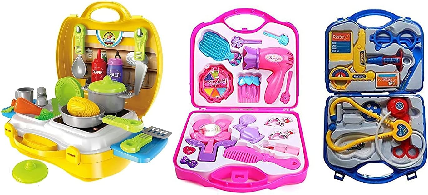 MGT CREATION Combo Indoor Plastic Beauty Makeup Kit Set|Kitchen Toy Kit Set For Girls & Doctor Kit Set For Kids Play Toy Best Gift Toy For Kids Multicolored (Colors May Vary From Picture) Pack Of 3