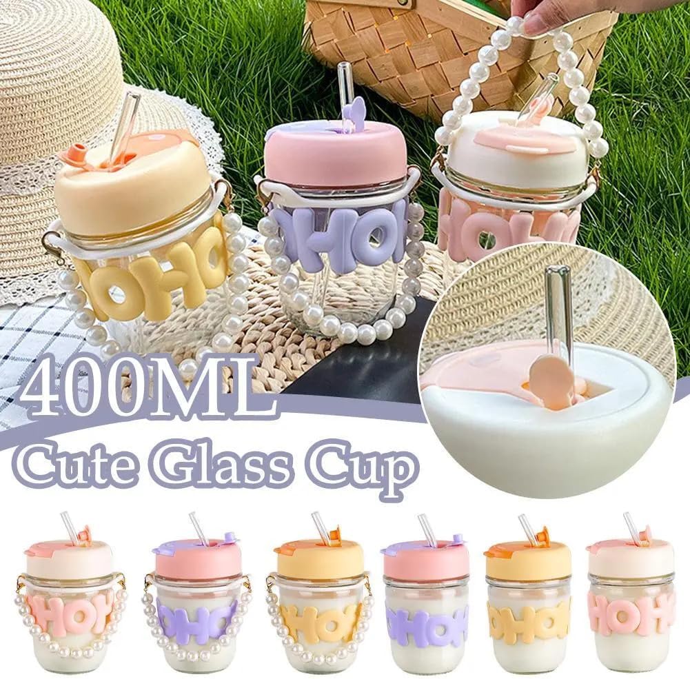Kelvee Reusable Glass Coffee Mugs With Lid & Straw Pack Of 1,Drinking Glasses Tumbler With Pearl Chain Belt & Sleeve Double Drink Straw Sipper For Juice Smoothies Cocktail Home (Pink) - 400 Ml