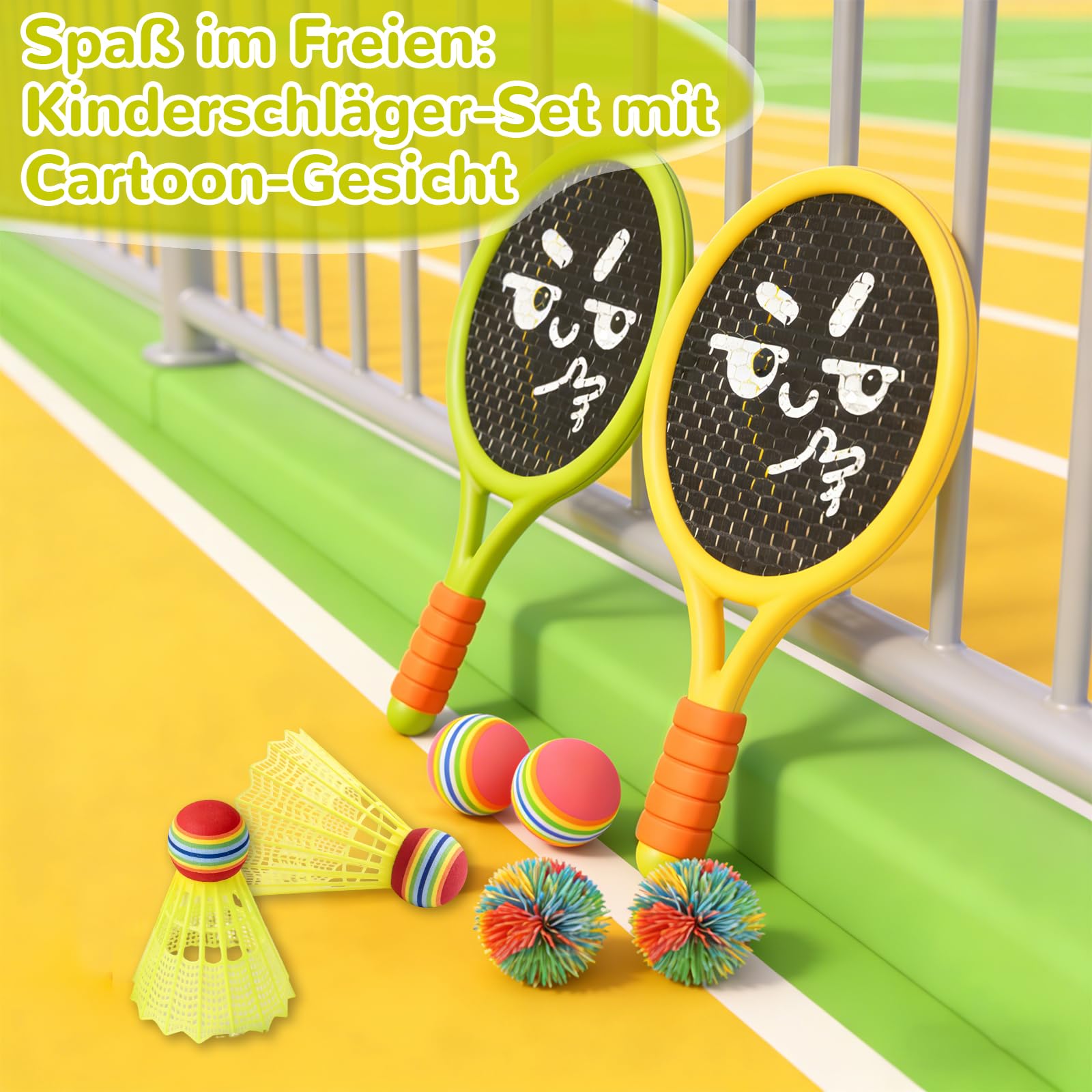 Kinder Schläger Set, Ballspiele für Draußen Kinder, Enthalten 2 Kunststoff-Tennisschläger, 2 Federbälle, 2 Tennisbälle, 2 Gummibälle, für Anfänger, Drinnen Draußen, Fördert die Sportlichen Fähigkeiten