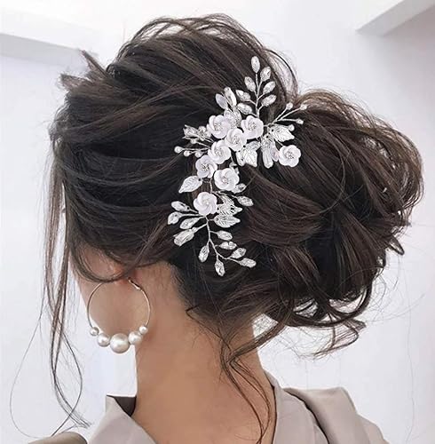Miniatura 1 de Latious Tocado de novia con flores plateadas, para boda, vid y diamantes de imitación, accesorios para mujeres y niñas (5.9 pulgadas) (A-plateado)