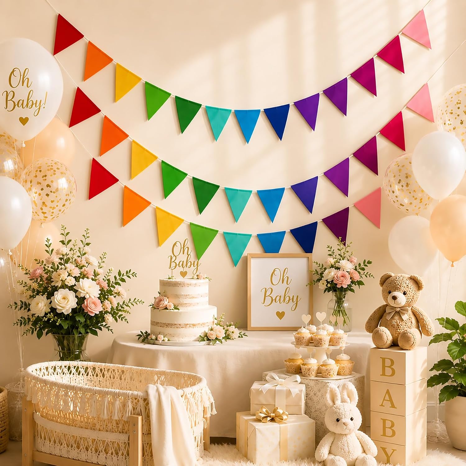 7 Pcs Rainbow Felt Pennant Banner, 84 Triangle Flags with 7 Ribbons