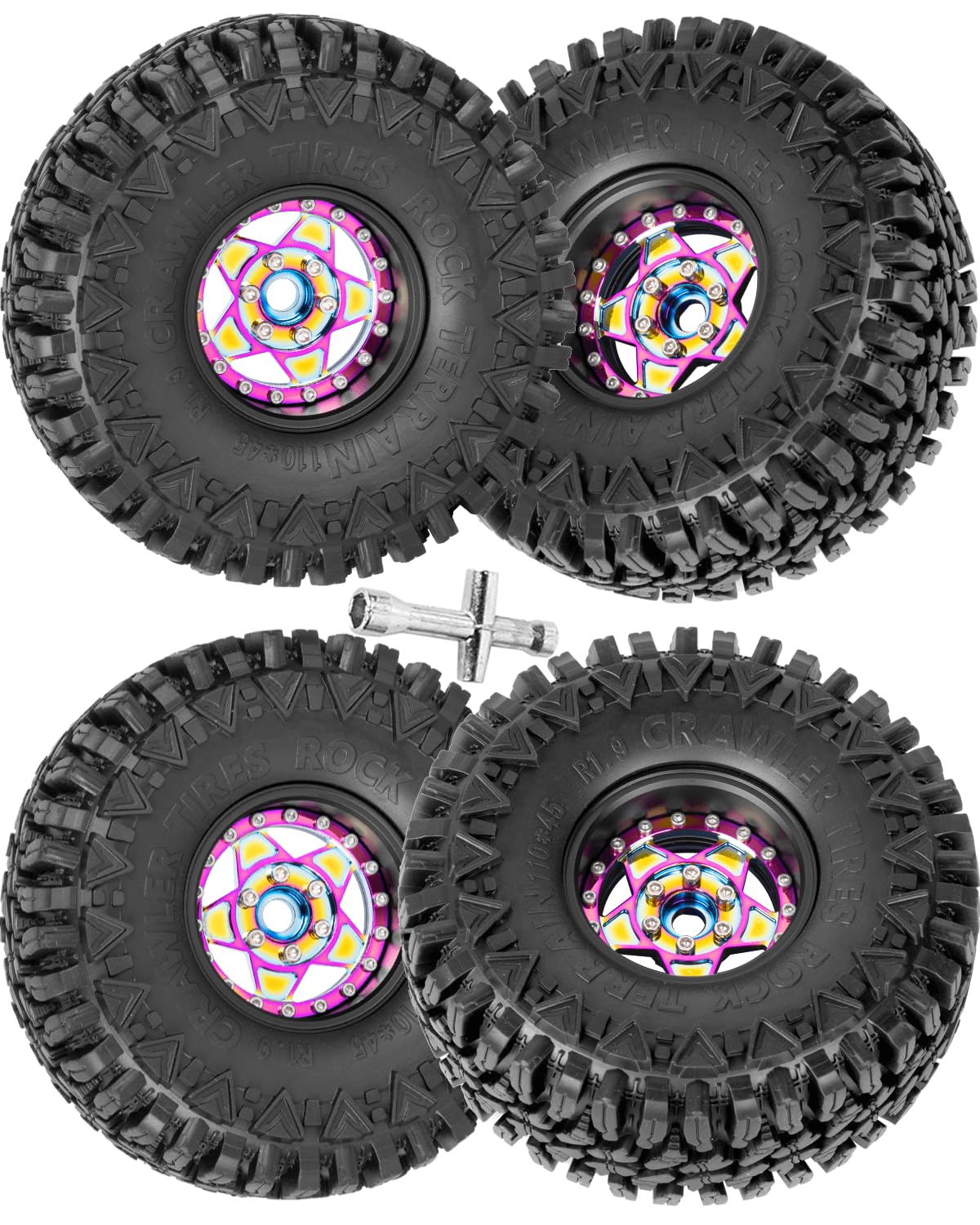 RCHuiWow 1.9in Beadlock Wheels and Tires for 1/10 TRX-4 Axia1 SCX10,Alloy Aluminum Heavy Duty 1.9in rc Beadlock Wheels Rims 1.9 Beadlock Tires,4Packs,Black & Rainbow (Style B)