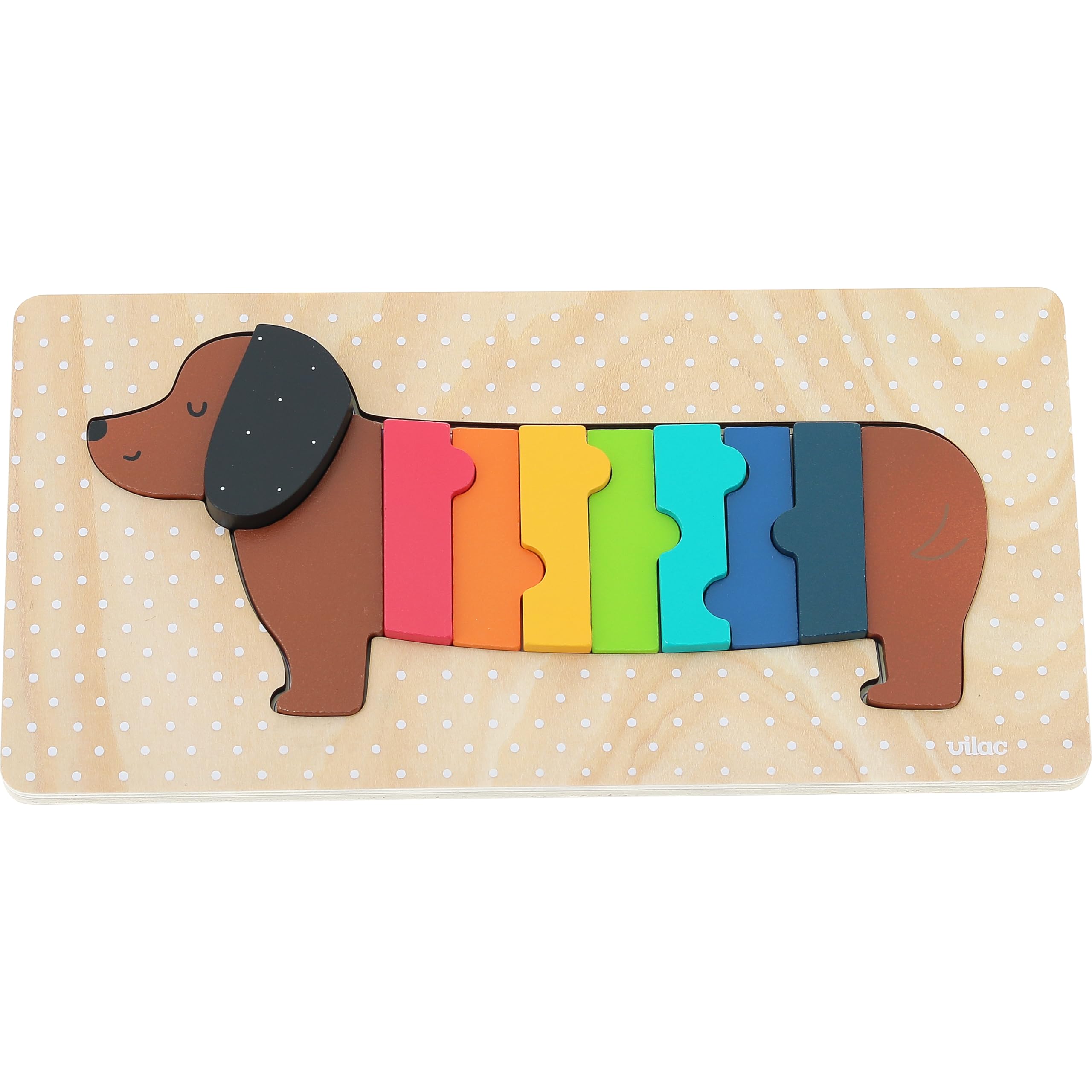 Vilac Wooden Animal Shape Puzzle, Montessori Game, 2+ Years, Dog Theme Illustrated by Graphic Designer Andy Westface