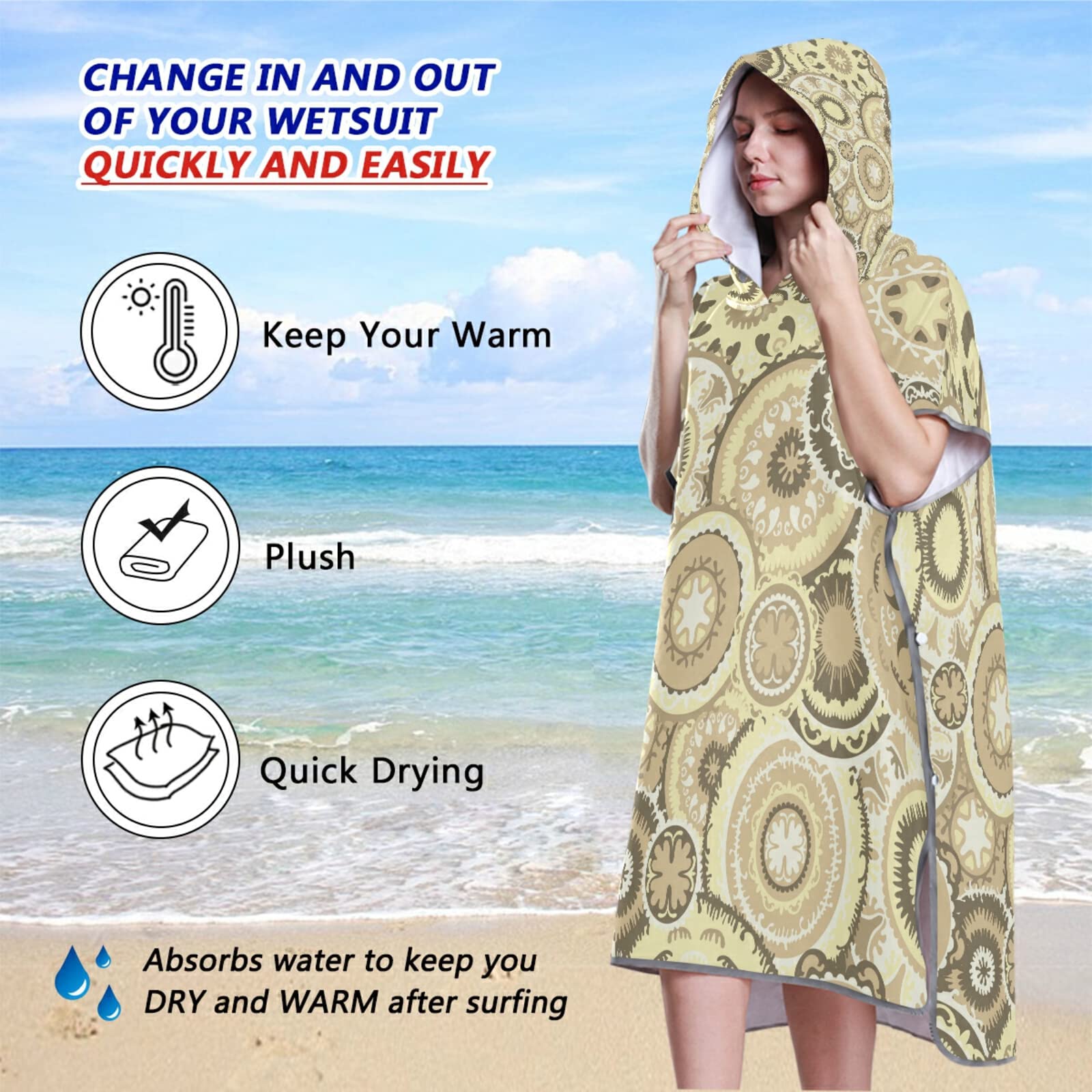 Accappatoio con cappuccio e tasca, ad asciugatura rapida, asciugamano in microfibra per bagno, spiaggia, colore beige e marrone