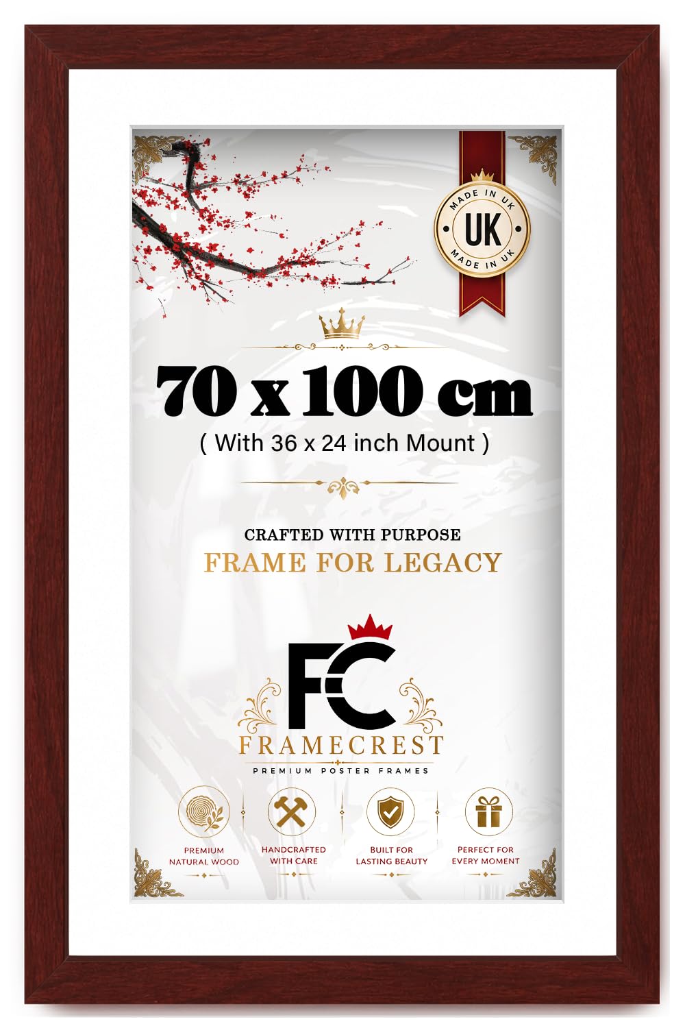 FRAMECREST LTD 70x100cm Poster Frame with 60x90cm White Mount - Premium Extra Large Wall Mounted Picture Frame for Gallery-Style Displays - British Made Quality - [Mahogany]