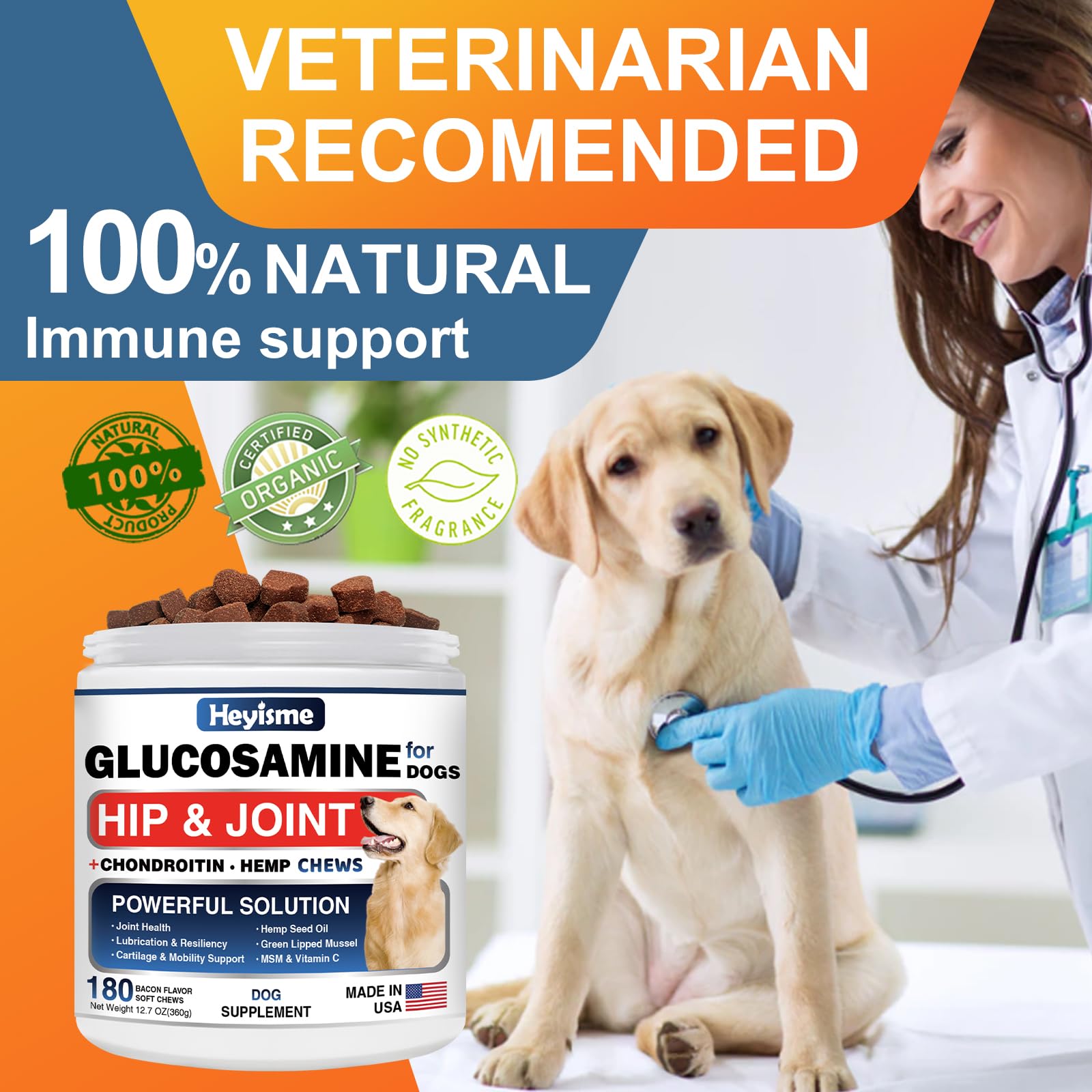 Glucosamine for Dogs, 180 Chews Hip and Joint Supplement for Dogs, Glucosamine Chondroitin, MSM Hemp Dog Joint Pain Relief, Dog Joint Supplement Health Mobility Support (180 Chews, Bacon) - image 4