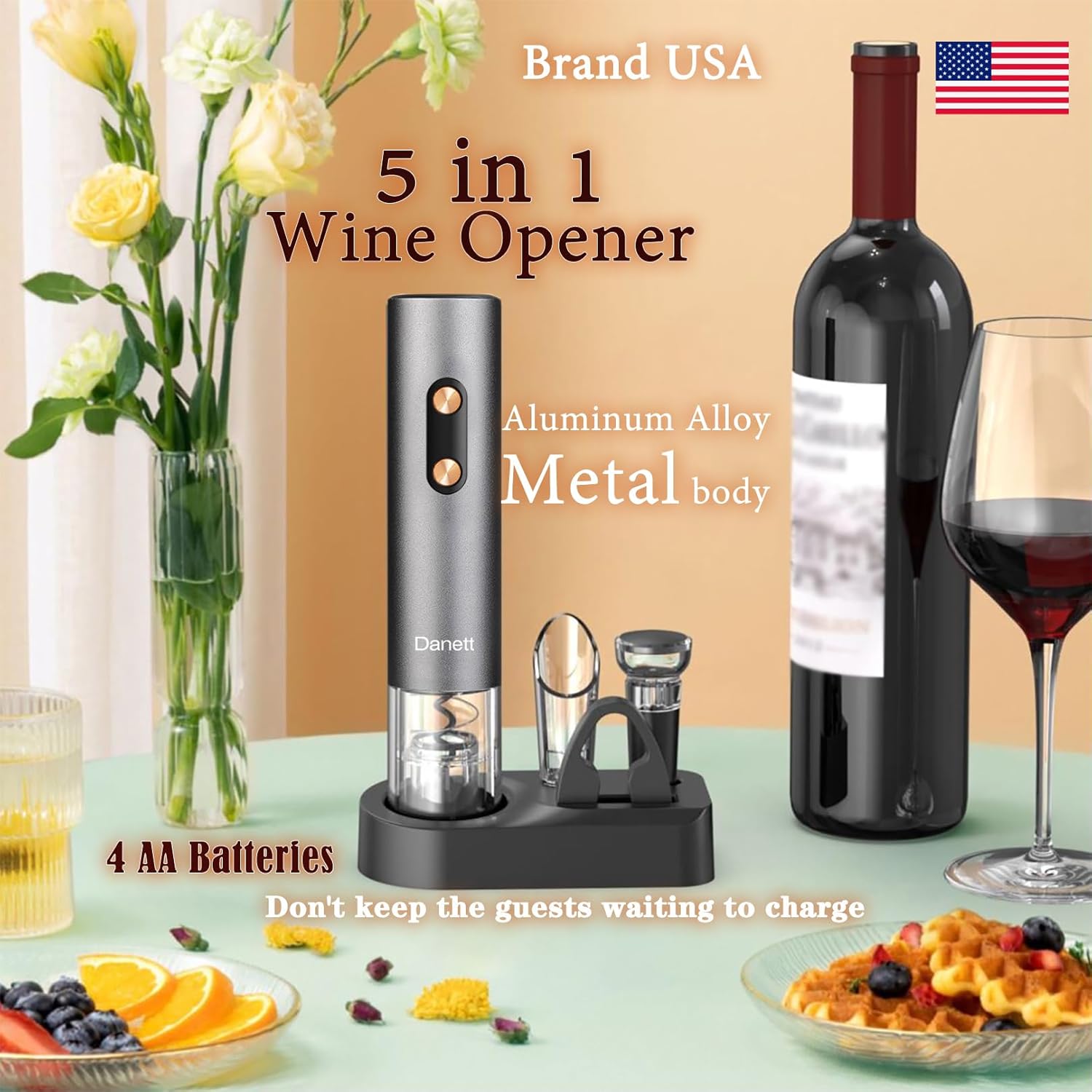 Automatic Electric Wine Opener Gift Set 5in1, Electric Wine Corkscrew,Wine Foil Cutter,Wine Pourer,Wine Vacuum Stoppers+Base,AL alloy body&Gold Buttons Anti-fingerprint,LED Light Bin-Grey image 2 of 10 B0D86H3N8Z