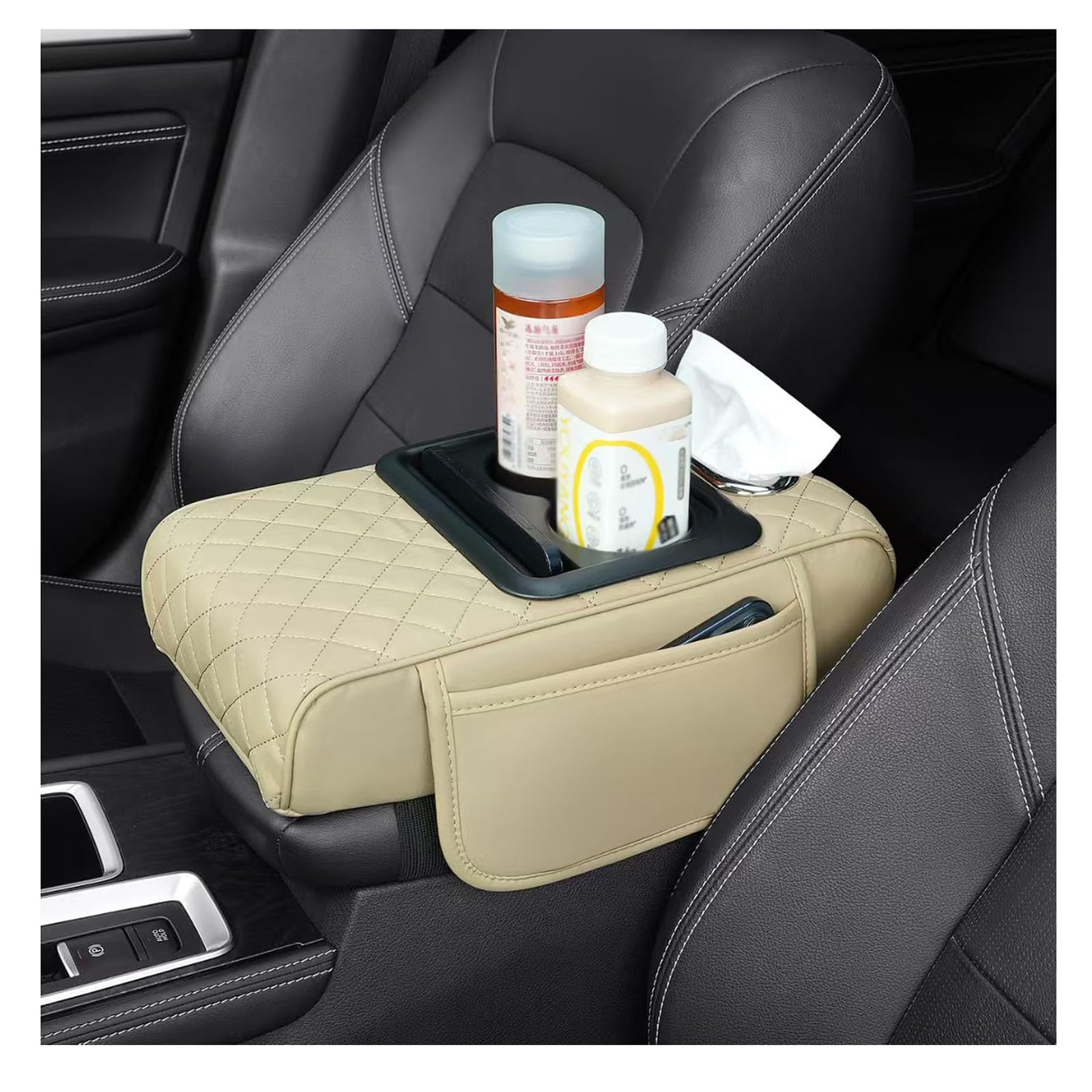 NHGTFOQ Car Centre Armrest Console Cover, for Hyundai i30 i30N 2017-2024 i30 Fastback 2020-2026 Armrest Pad Cushion Storage Organiser Dual Cup Holder Tissue Box Side Pocket,C