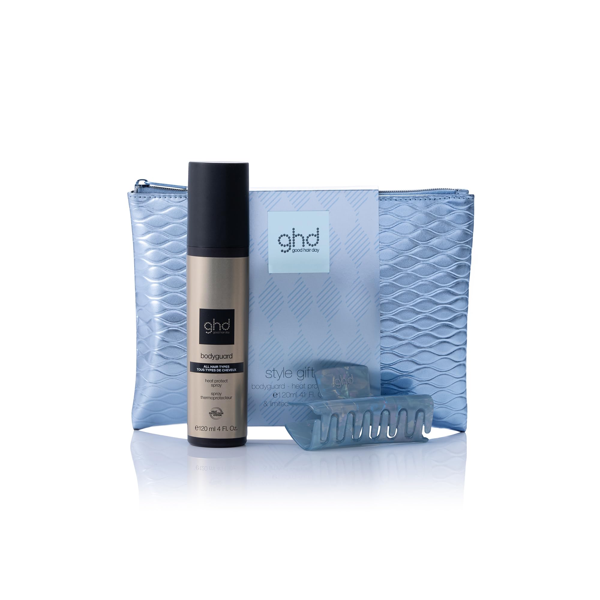 ghd - Trousse contenant un Spray thermoprotecteur ghd Bodyguard et une pince à cheveux bleue - Protection thermique et pince pour vos coiffages - Spray 120ml - Idéal tous types de cheveux