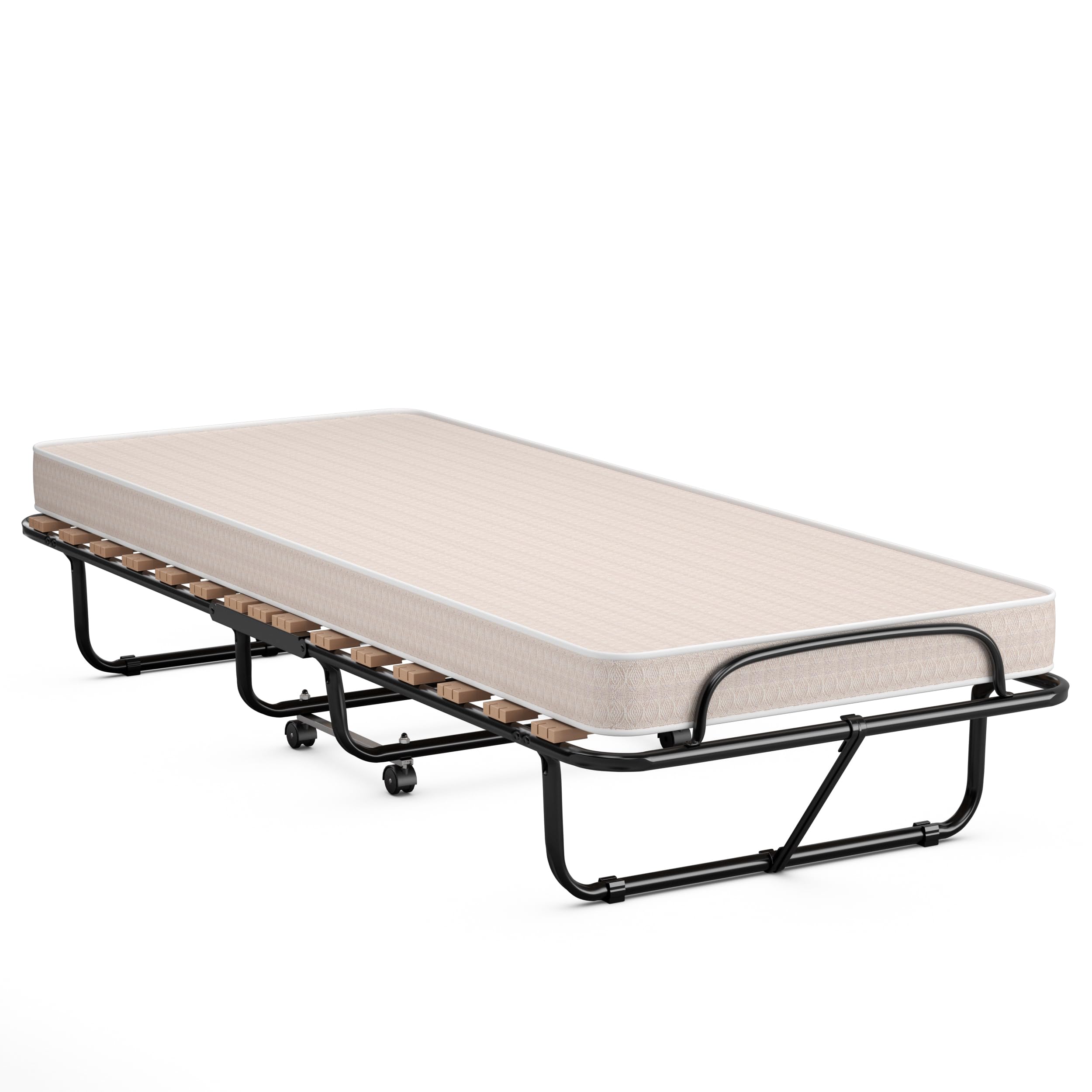 COSTWAY Brandina Pieghevole con Ruote Girevoli, con Materasso in Memory Foam, Lettino Pieghevole a Doghe 190x80 cm, Salvaspazio, Carico Massimo 130 kg