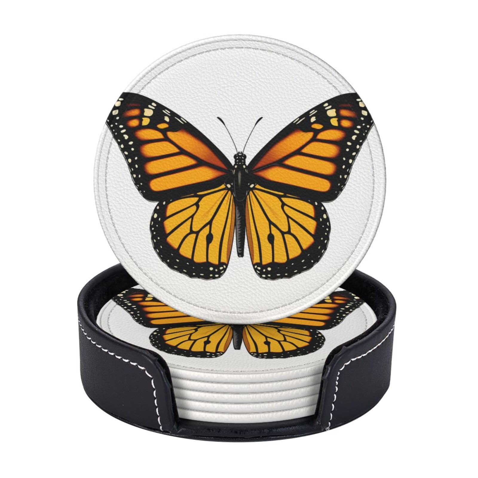 Coasters Set of 6 Leather Drink Coasters with Holder Monarch Butterfly Coasters for Drinks Heat Resistant Coaster Round Coffee Cup Mat Pad for Kitchen Office Home Decor