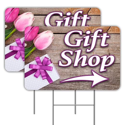 Gift Shop 2 Pack Yard Signs 16" x 24" - Double-Sided Print, with Metal Stakes