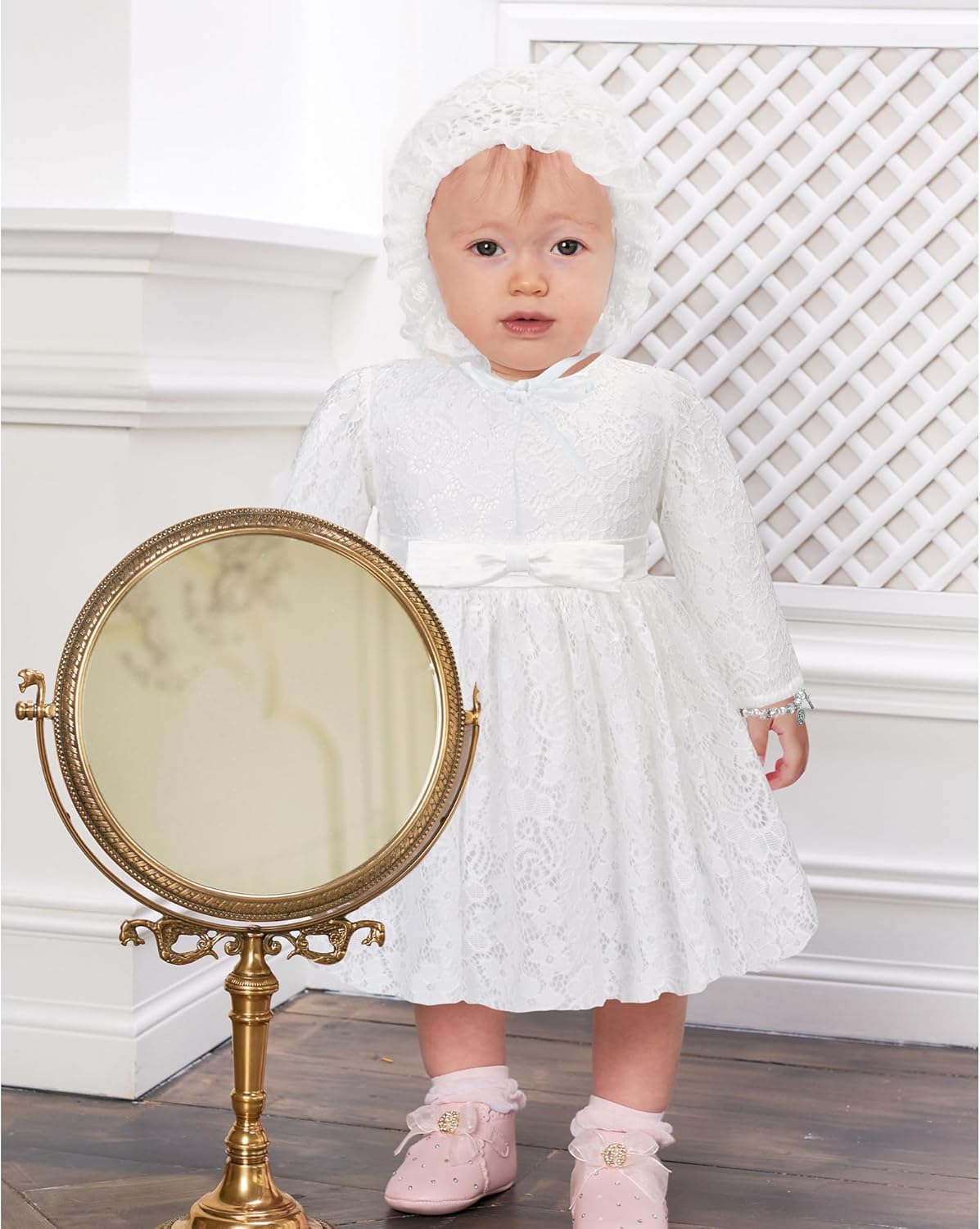 Baby Girl White Baptism Lace Long Sleeve Baptism Gown Outfit Includes Lace Christening Dresses Bonnet Cross Charm Bracelet