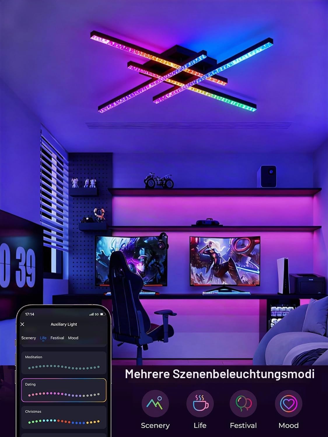 KZT LED Deckenleuchte Dimmbar RGB Farbwechsel Deckenlampe mit Fernbedienung 70CM Moderne Schlafzimmerlampe Schwarz 45W Kristall Deckenbeleuchtung für Schlafzimmer Wohnzimmer Küche, App-Steuerung