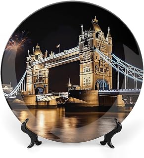 Bone China Decorative Plate 6inch Ceramic Dinner Plates Night London Tower Bridge Decorative Plates with Display Stand Hanging Porcelain Plate Art Crafts Ceramic Ornaments for Home Office Wall Decor