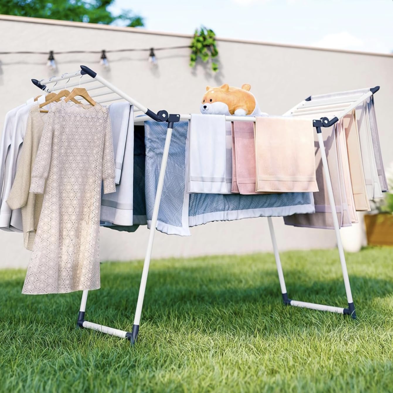 SYKIARIOL Étendoir à Linge Intérieur Pliable - Séchoir à Linge Intérieur sur Pied Pliable, Etendoir Linge Solide et Inoxydable - 175 x 105 x 60 cm - pour vêtements, Serviettes et draps(Blanc)