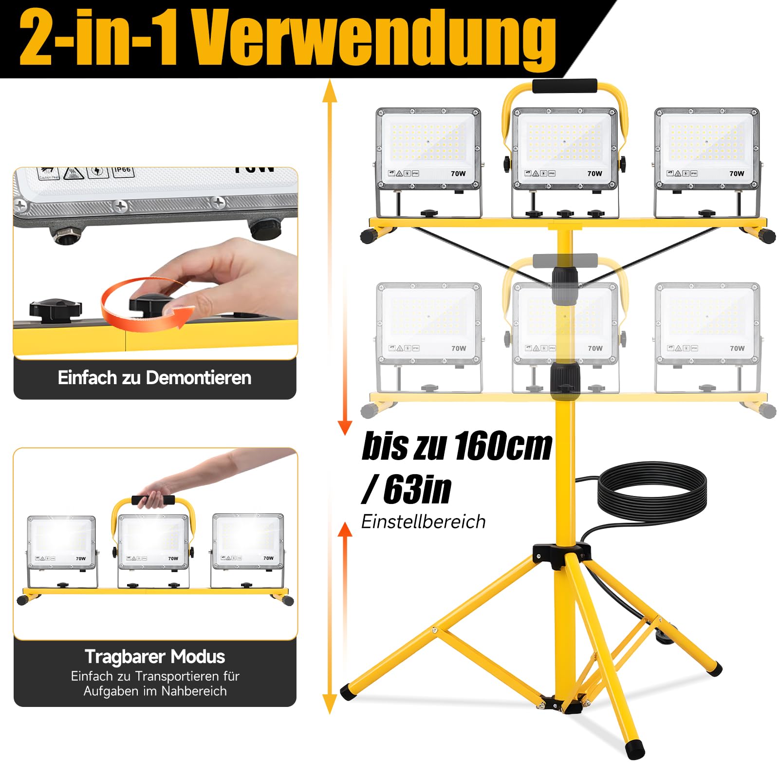 Yofuly Baustrahler LED mit Stativ 3×70W 21000LM, 3 Verstellbare Köpfe Baustellenlampe IP66 Wasserdichte, Baulampe mit 5m Kabel für Garage Werkstatt Baustelle, PC-Linsen | Höhenverstellbar 160cm