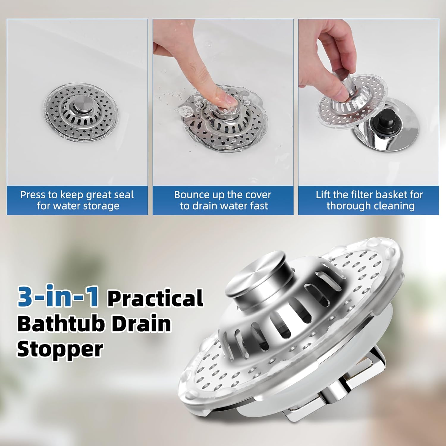 Metal 2 Pack Bathtub Drain Stopper with Top Hair Catcher, Visible Top Strainer Tub Stopper, Upgraded 3 in 1 Pop-up Drain Plug Fit for 1.5 to 2.4" Hole, Stainless Steel Filter Basket