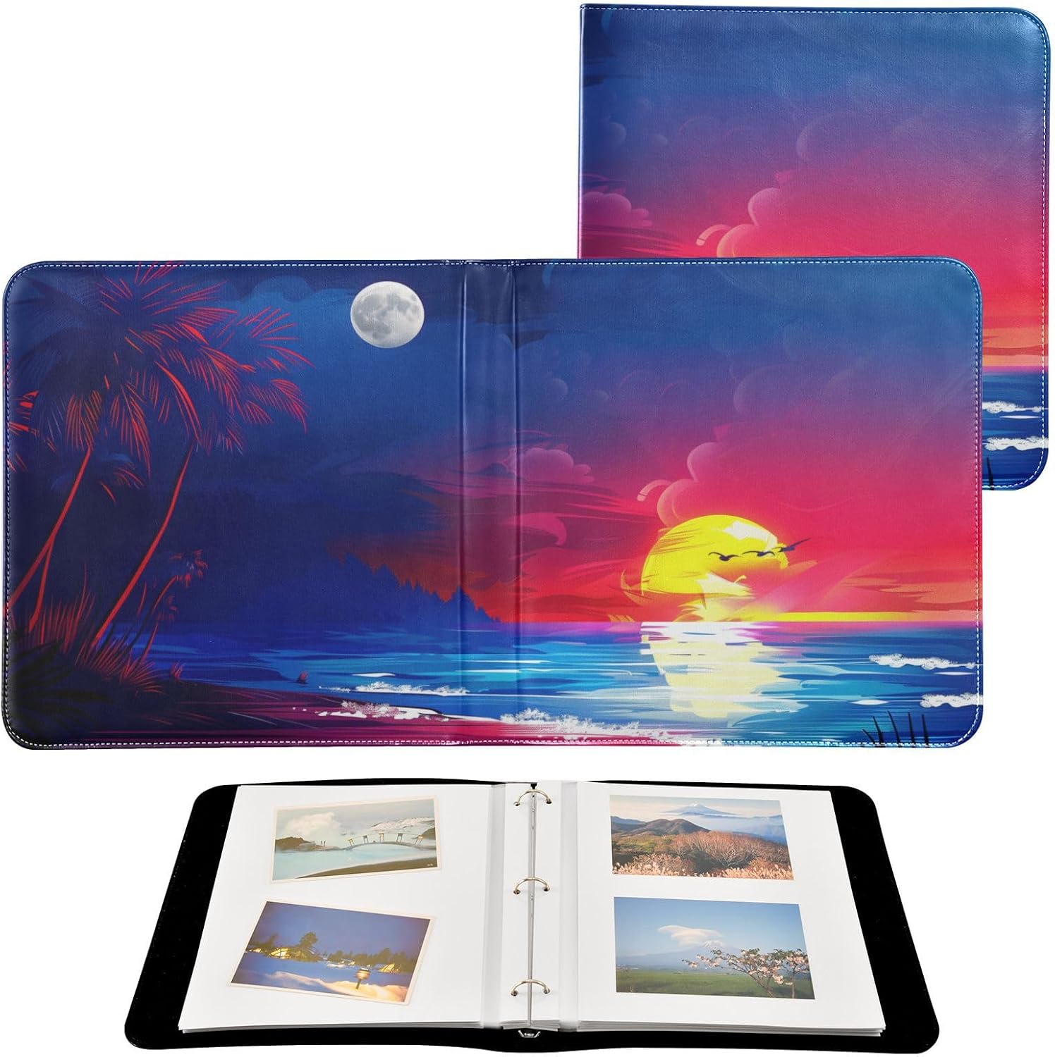 Large Photo Album, Sea Beach Sunrise Palm Tree (7) Personalized Leather Cover Photo Book for 4x6 5x7 6x8 Pictures, Photo Albums for Family, Baby, Wedding