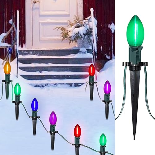Luces LED C9 para caminos de Navidad de 38 pies para exteriores con estacas de marcador, 25 luces LED transparentes multicolor conectables