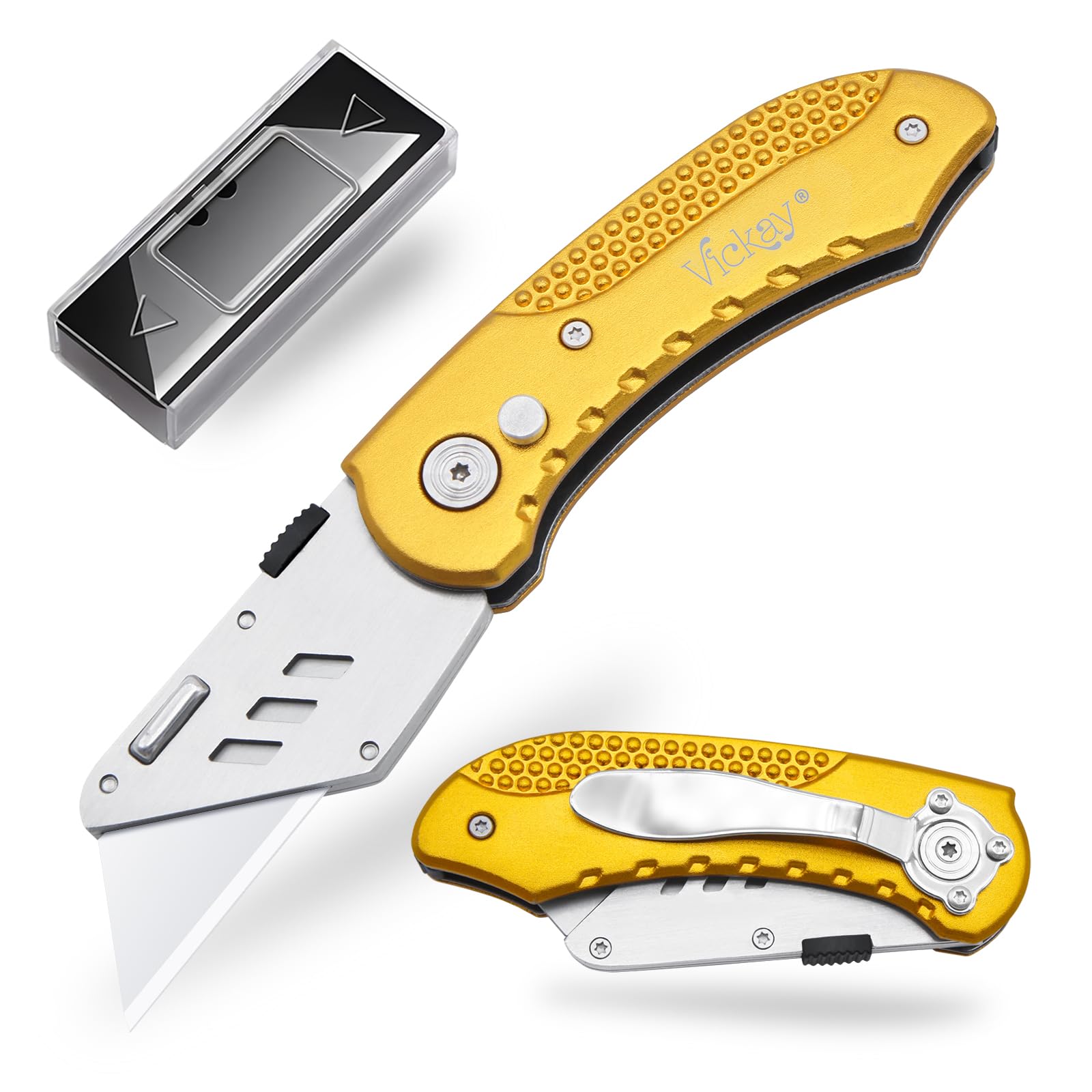 Vickay Folding Utility Knife Box Cutter Utility Blades Heavy Duty with 5 SK5 Quick Change Blades, Safety Axis Lock Design Razor Knife, Lightweight