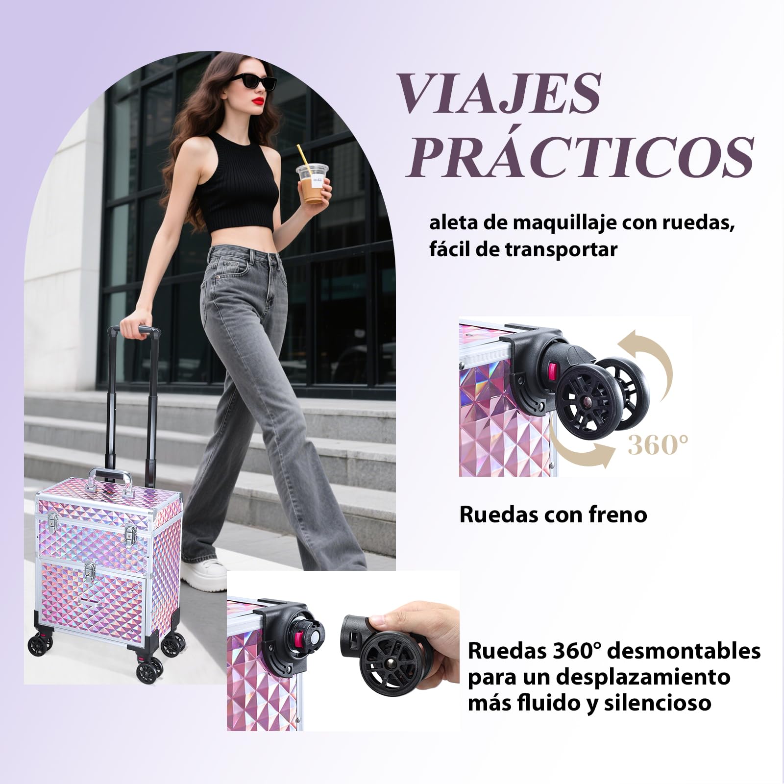 Maleta Maquillaje con Ruedas Maletín Maquillaje Profesional con Cajones, Maletín de peluquería Caja Maquillaje para para Maquilladores, Peluqueros y Técnicos de Uñas, con Bolso Desmontable, Rosa