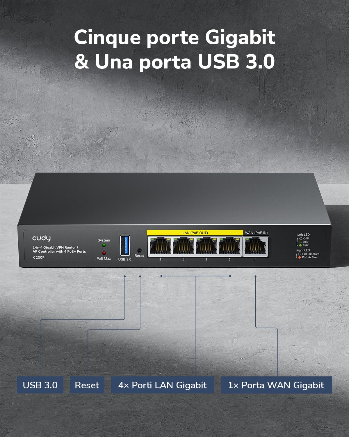 Cudy Controller AP hardware C200P e router VPN, alimentazione PoE o DC, 200APs, Captive Portal, porta USB 3.0, monitoraggio e manutenzione di rete facile e intelligente