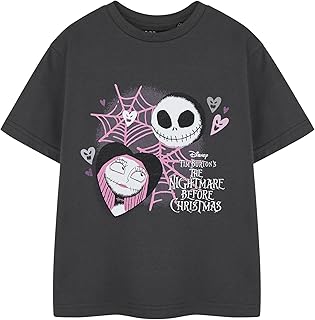Disney Nightmare Before Christmas Girls Grey T-Shirt Lovers Graphic Tee | Short Sleeve Top for Kids | Tim Burton\'s Characters Print | Teens Halloween Movie Merchandise Gift