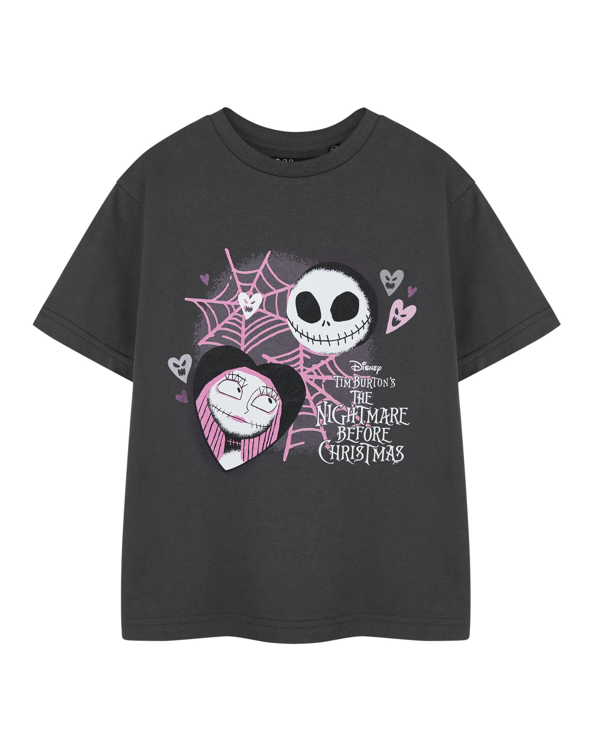 Disney Girls Grey Nightmare Before Christmas T-Shirt Lovers Graphic Tee | Short Sleeve Top For Kids | Tim Burton's Characters Print | Teens Halloween Movie Merchandise Gift