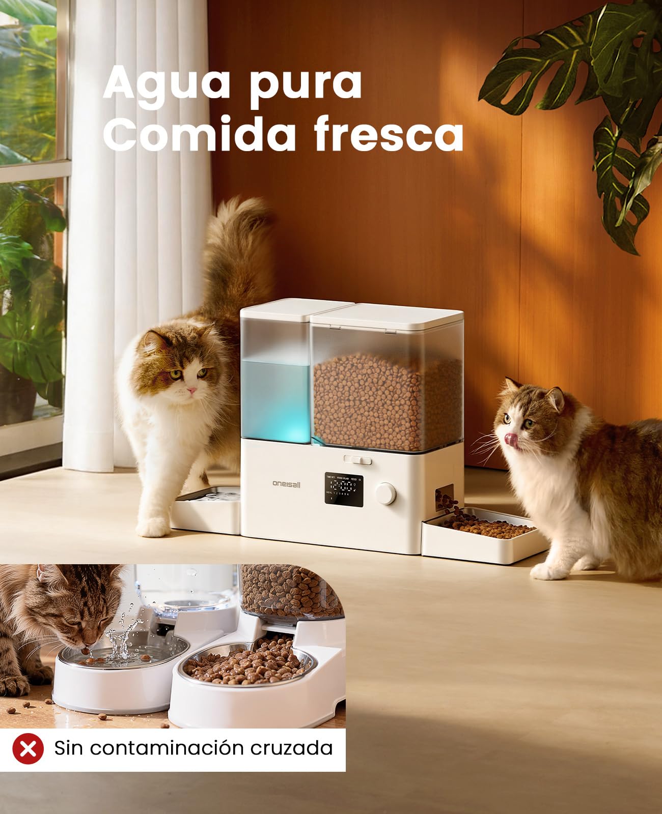oneisall Distributore automatico per gatti e acqua, 36 tazze/8,5L, 2 in 1, per cibo pulito e acqua fresca, grande capacità, 5 l, dispenser di cibo per gatti e fontana a gravità da 3,5L per animali
