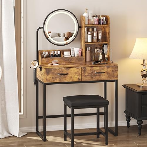 Miniatura 8 de Escritorio de maquillaje con espejo redondo y luces, mesa de maquillaje con 2 cajones, pequeña mesa de tocador para dormitorio con mucho
