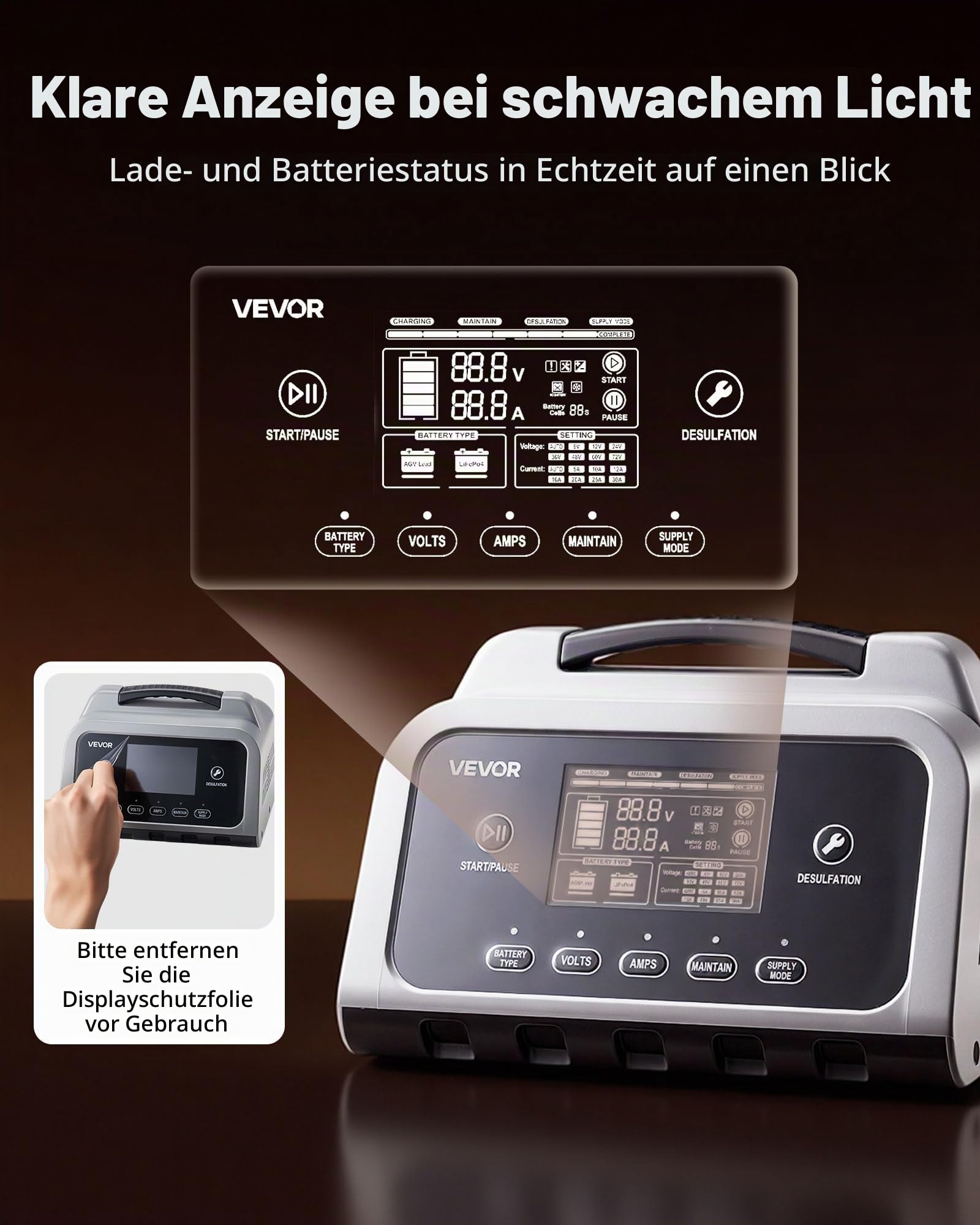 VEVOR Autobatterieladegerät 30A Batterieladegerät 6V/12V/24V, Intelligentes Ladegerät für Blei-Säure & Lithium LiFePO4 Batterien, mit 7-Stufen-Ladung Reparaturmodus LCD-Display für Auto Motorrad Boot