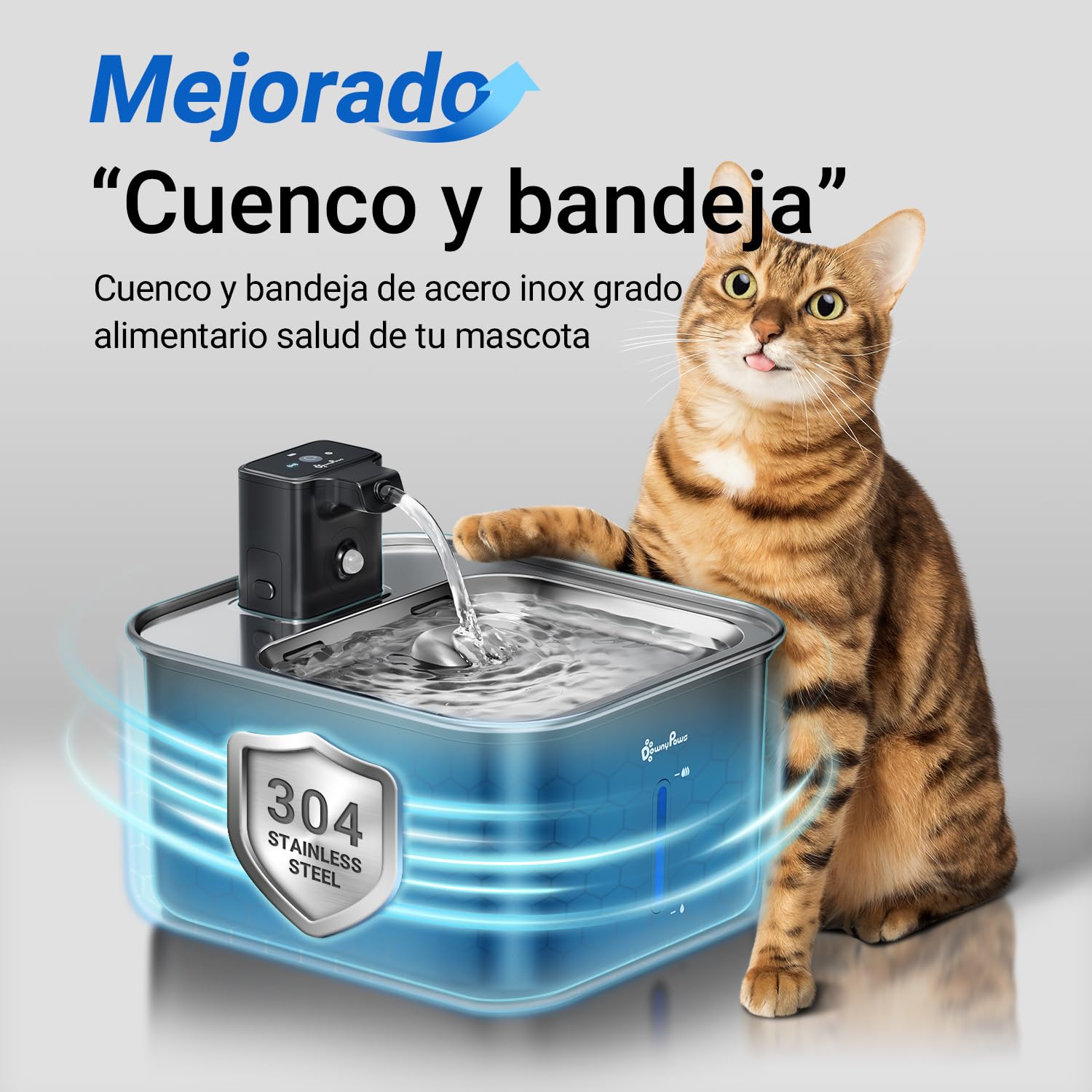 DownyPaws Fuente para Gatos sin Cable Inoxidable 3L, Bomba Silenciosa Negro | Bebedero Gatos con Sensor de Movimiento, Fuente Agua Gatos Inalámbrica, Batería de 4000 mAh, Apta para Lavavajillas