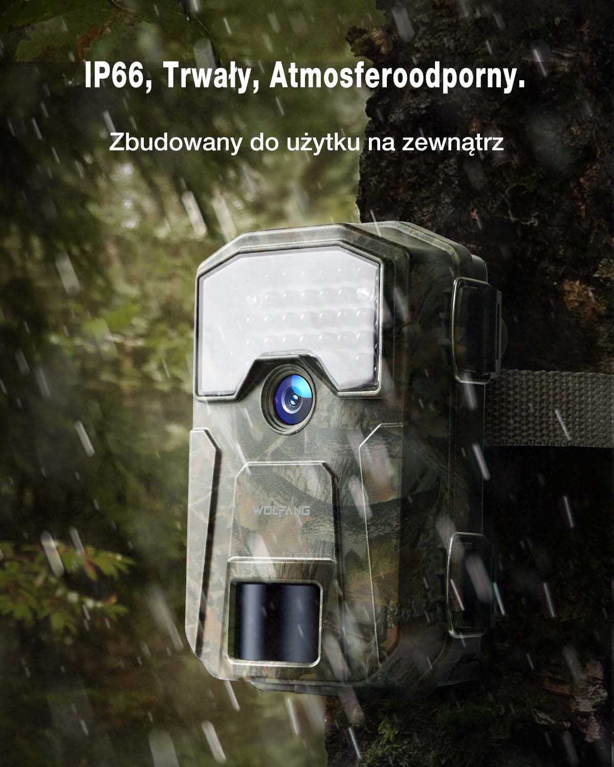 WOLFANG Kamera Myśliwska, kamera do obserwacji dzikich zwierząt, Kamera leśna 2160p 48MP HD, diodami LED na podczerwień 940 nm, z czujnikiem ruchu, Czas Wyzwalania 0,2 s