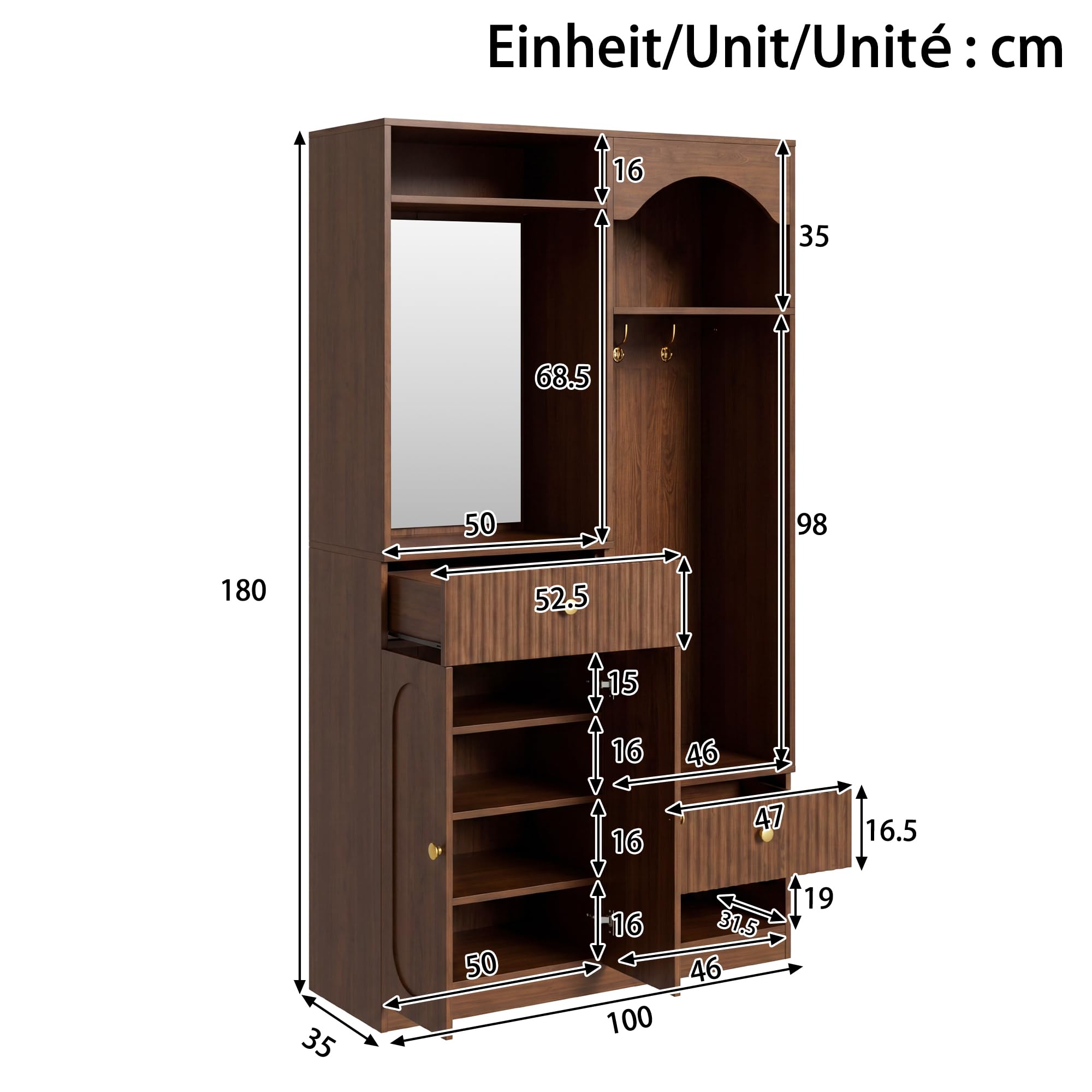 Garderobenset Wandgarderobe mit LED, Flurgarderobe Set mit Schuhschrank und Spiegel, Garderoben Set mit Türen und Kleiderhaken, Flurmöbel Set Kompaktgarderobe mit Regal, 100x35x180cm (Walnut)
