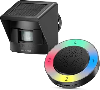 TECKNET Solar Wireless Driveway Alarm: 2600FT Range, 36 Melodies, 4 Zones, Weatherproof PIR Motion Sensor for Home Security (1 Receiver + 1 Sensor)