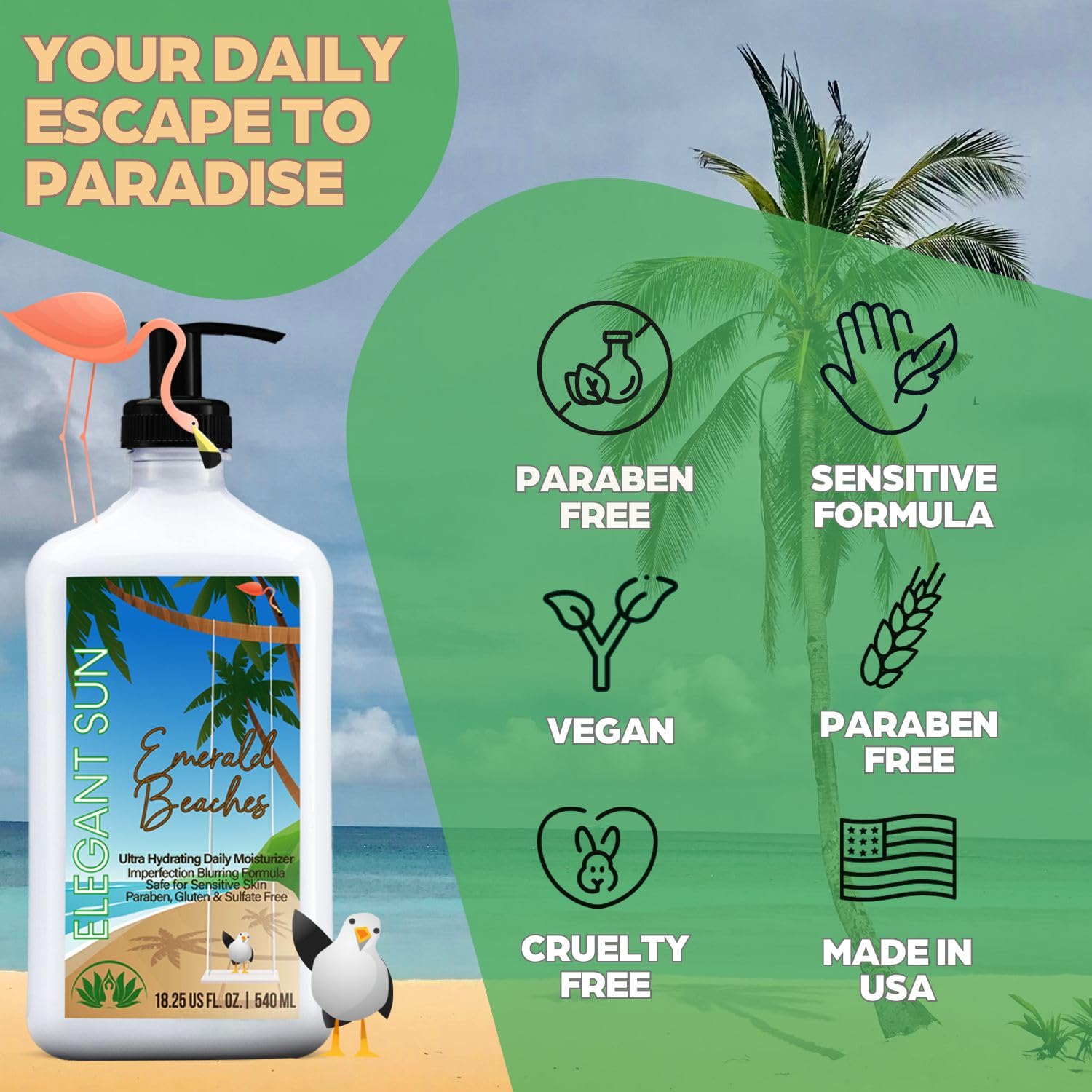 Elegant Sun Emerald Beaches Daily Moisturizer Tan Extender, After Sun Lotion Tanning Bed Lotion, Aloe Vera base, Hypoallergenic, Sensitive Skin Lotion for Men or Women, Unisex Fresh Scent