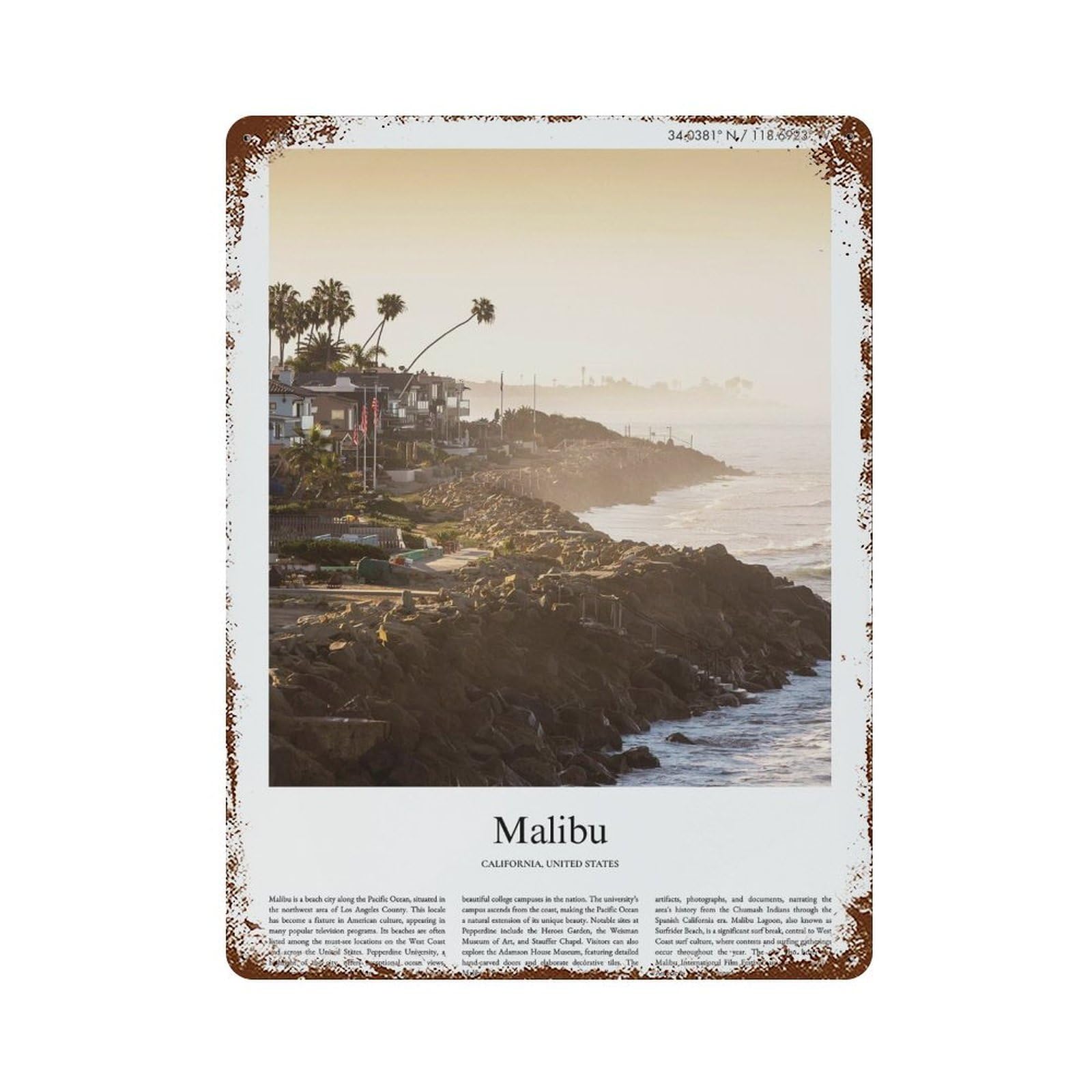 xiaoxiaoshen Malibu California City Scenery Wall Decor Art Metal Tin Poster Modern Home Decor Art Home Bar Shop Decorations Vintage Sign 40x30cm