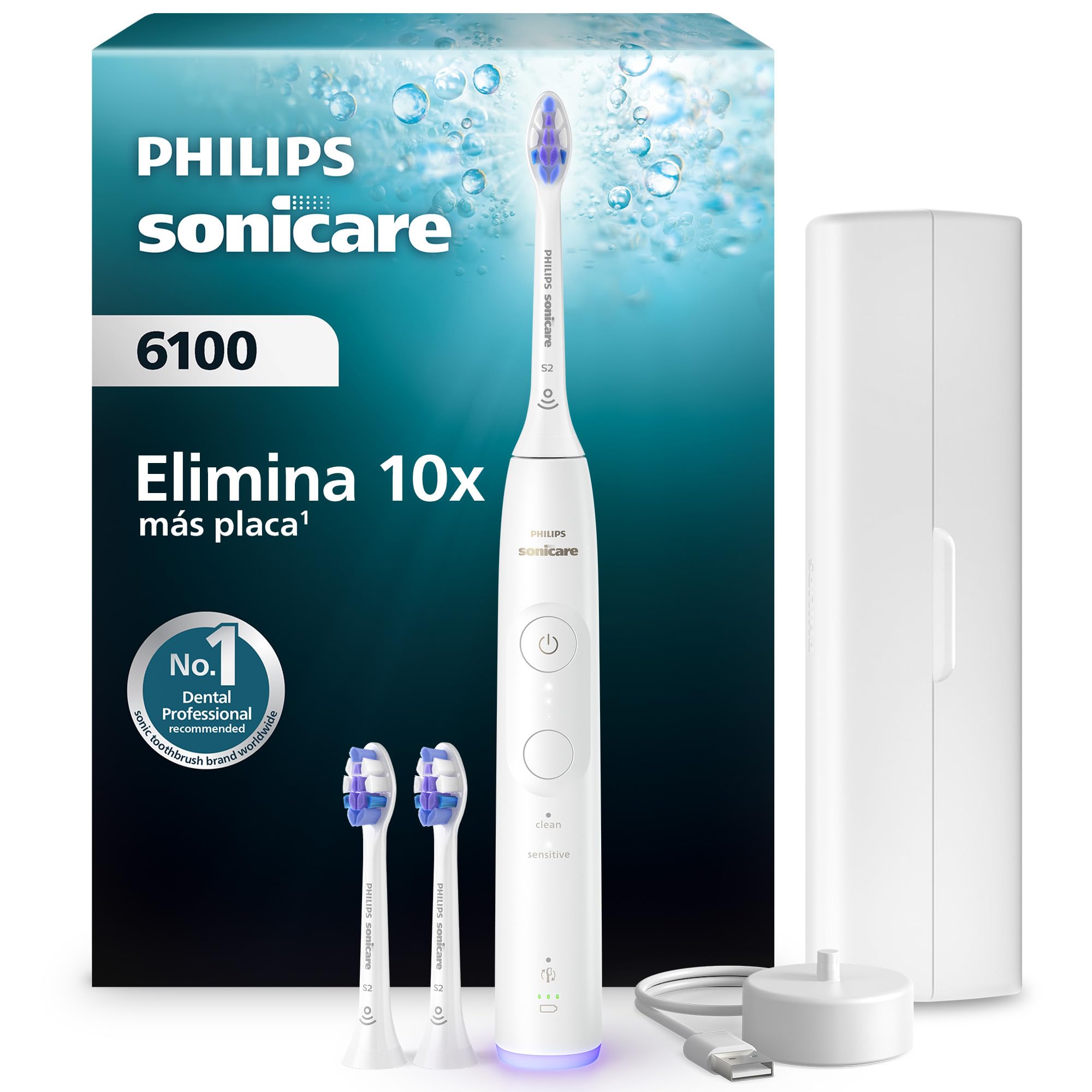 Philips Sonicare 6100 cepillo dental eléctrico, sónico con 2 modos de cepillado y 3 niveles de intensidad, EasyStart, estuche de viaje, blanco, HX7400/02 [Nueva Tecnología]