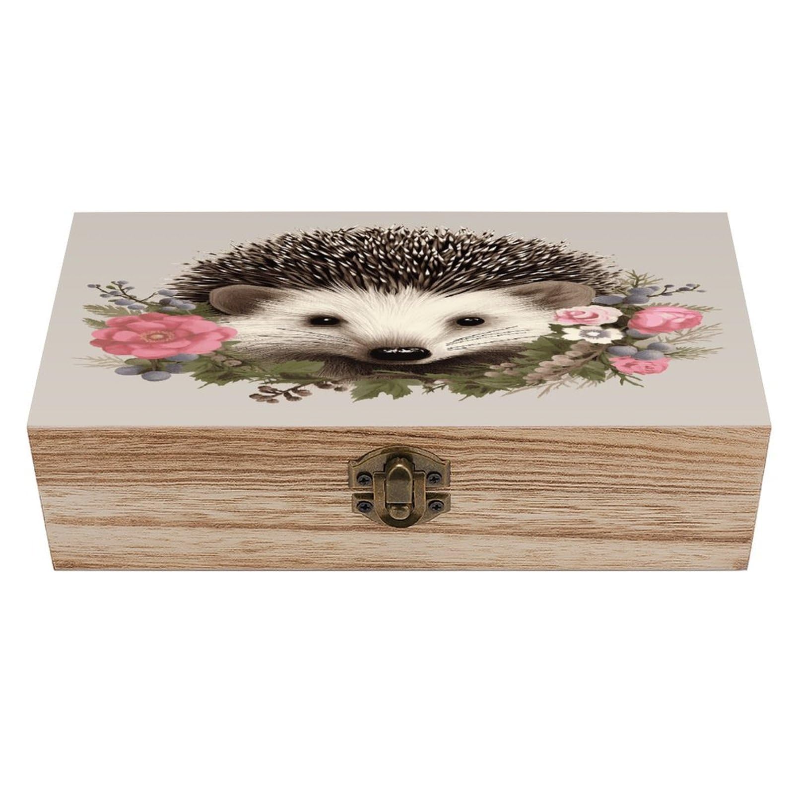 Btcowzrv Style Hedgehog In Floral Wreath Wooden Storage Box, Keepsake Box With Hinged And Retro Lock, Wood Jewelry Organizer For Photos & Mementos And Home Decor