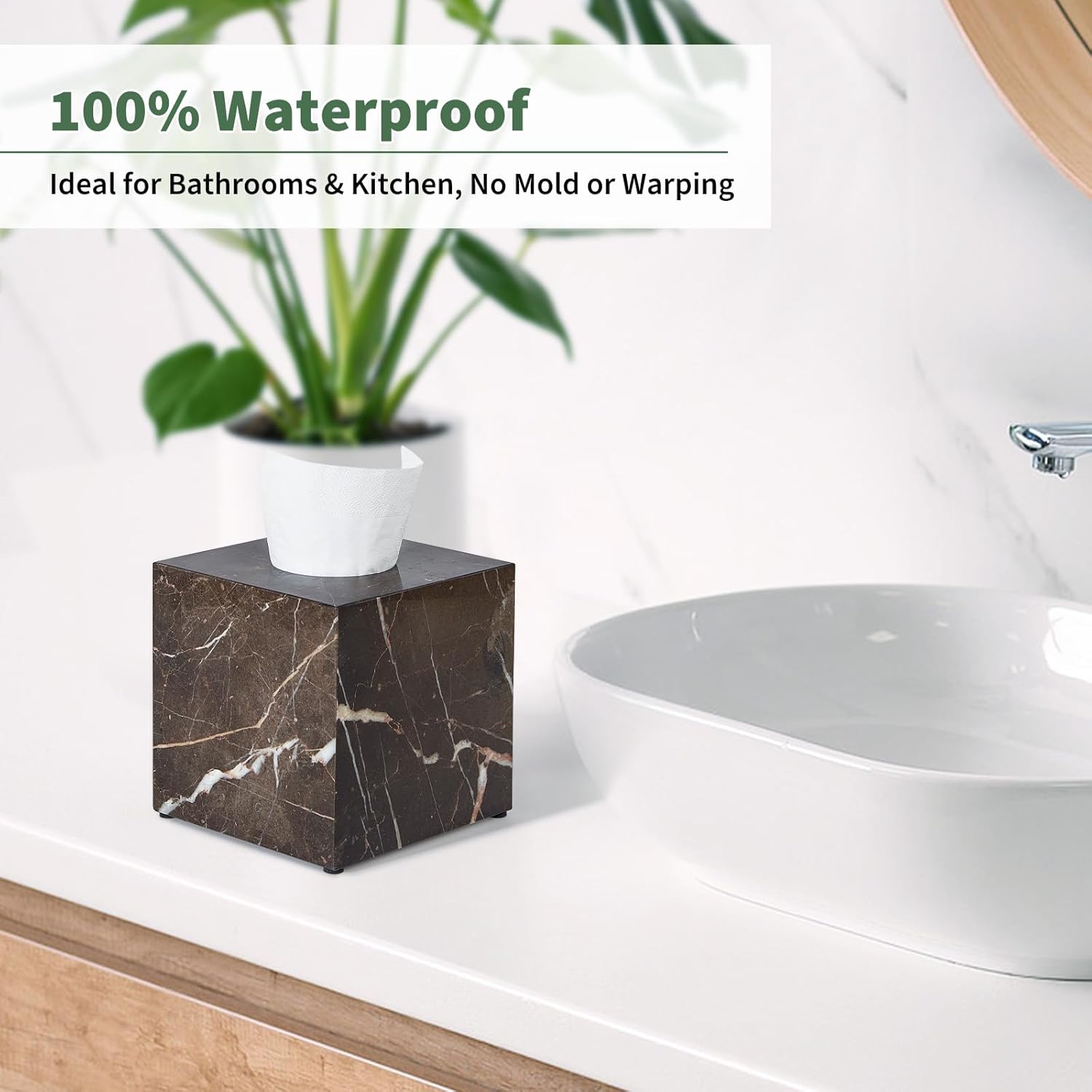 Real Natural Marble Tissue Box Cover, 5.5 Inch Square Marble Tissue Box Holder with Open Bottom, Heavy Stone Decorative Organizer for Bathroom Vanity, Kitchen Countertop, Luxury Home Décor