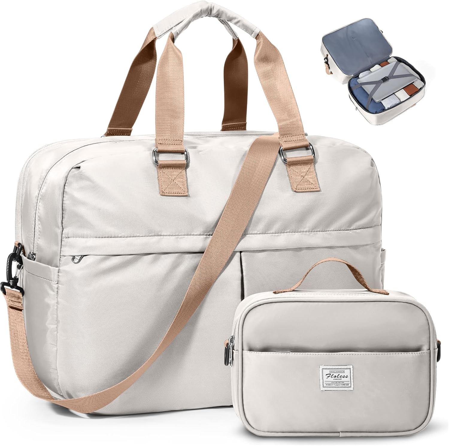 Expandable Personal Item Travel Duffle Bag Weekender Bag for Women Men, Overnight Hospital Carry on Bag with Toiletry Bag for Airplanes Travel Business Trips Sport,Beige & Brown