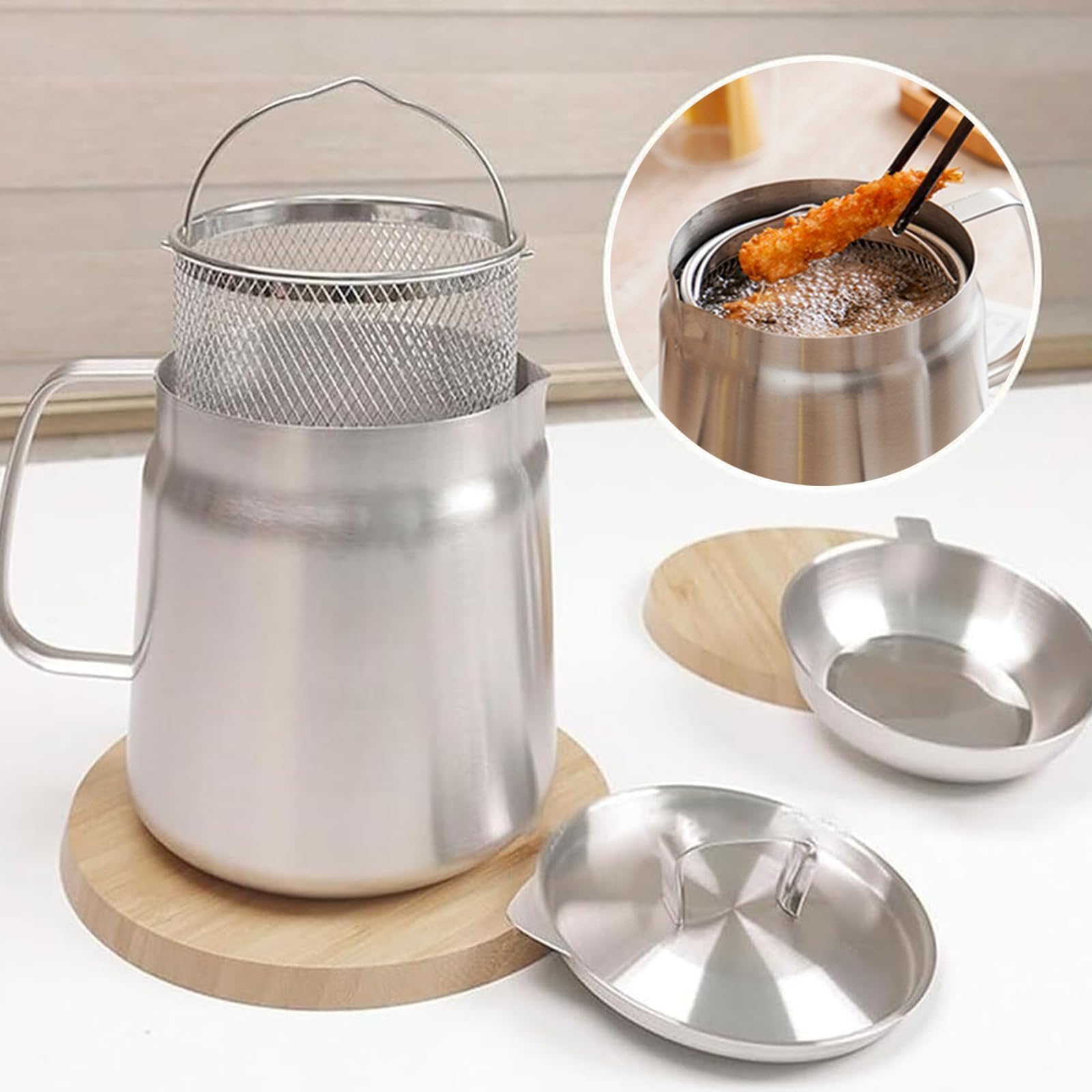 Récipient à Filtrer Huile Inox 304, 2L Grand Volume Polyvalent, Filtre à Huile de Cuisine Avec Couvercle Anti-poussière, avec Panier à Frire, Brosse à Cuisinière, Filtre et Gants