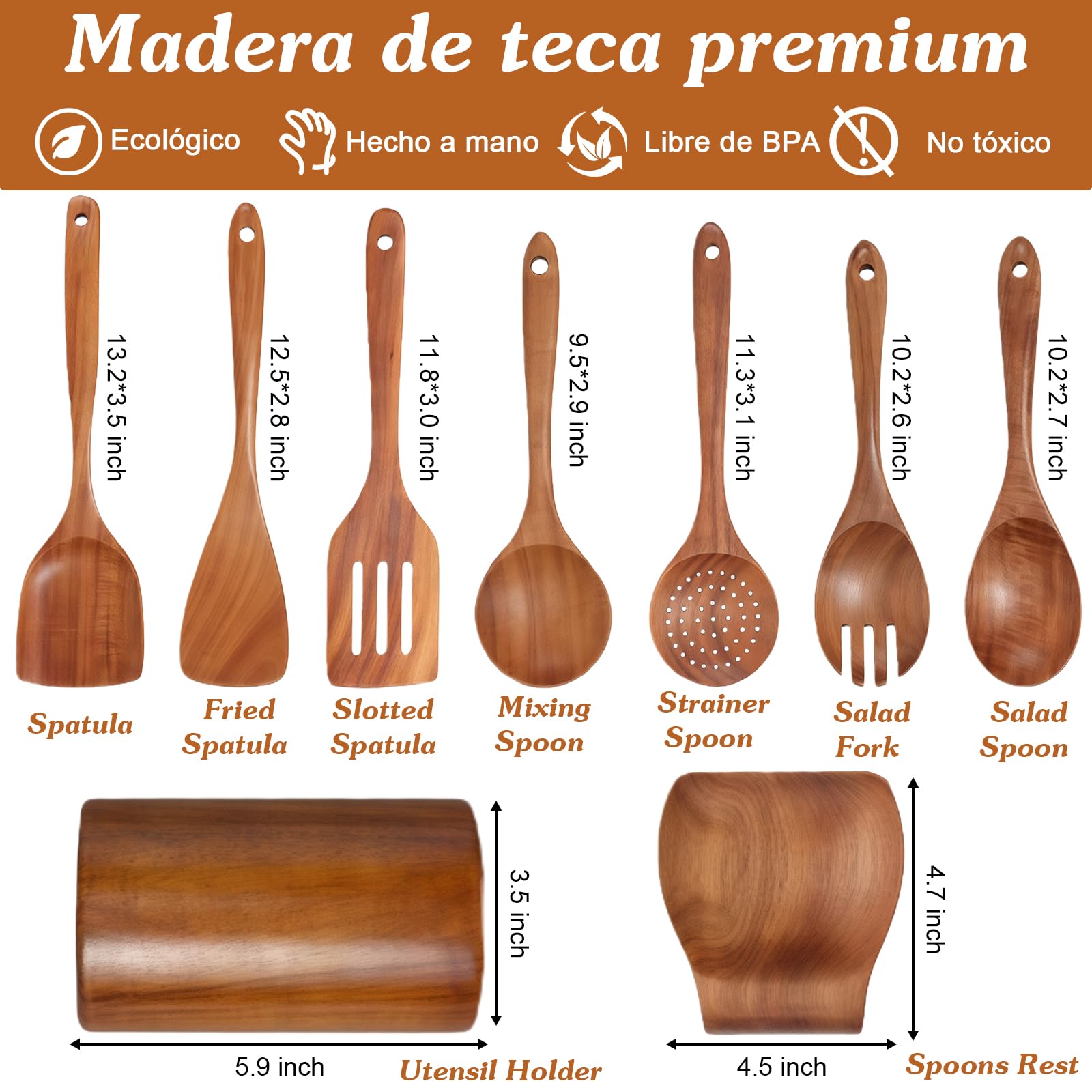 Set di cucchiai da cucina in legno, 9 pezzi di posate da cucina in legno, con supporto, spatola, cucchiaio da cucina, cucchiaio da cucina, cucchiaio da pasta, scolapasta, utensili in legno per