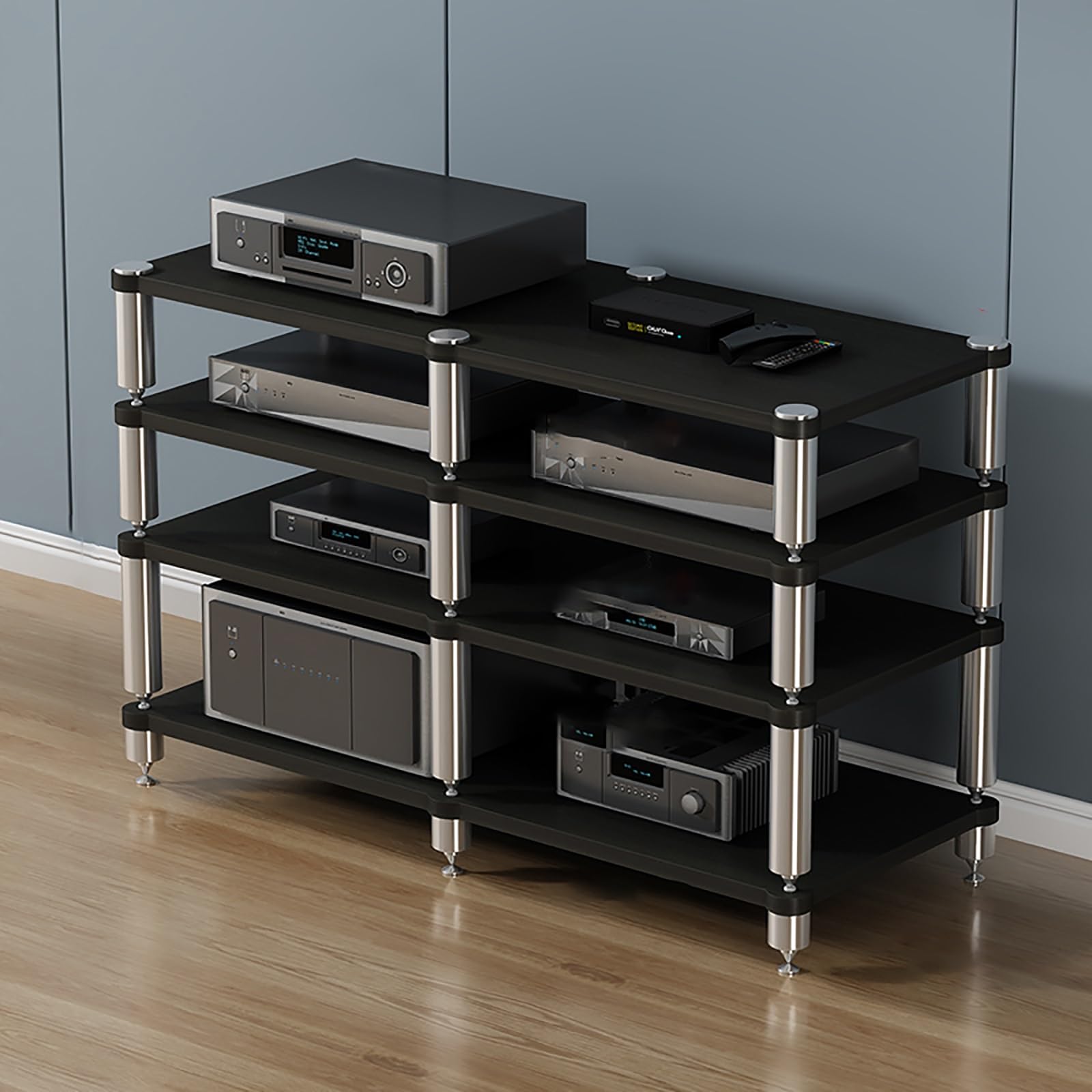 Scaffale portatile da gioco a torre perfetto per proiettori, lettori DVD, console di gioco e decoder via cavo, elegante supporto AV nero, 120 x 48 x 84 cm