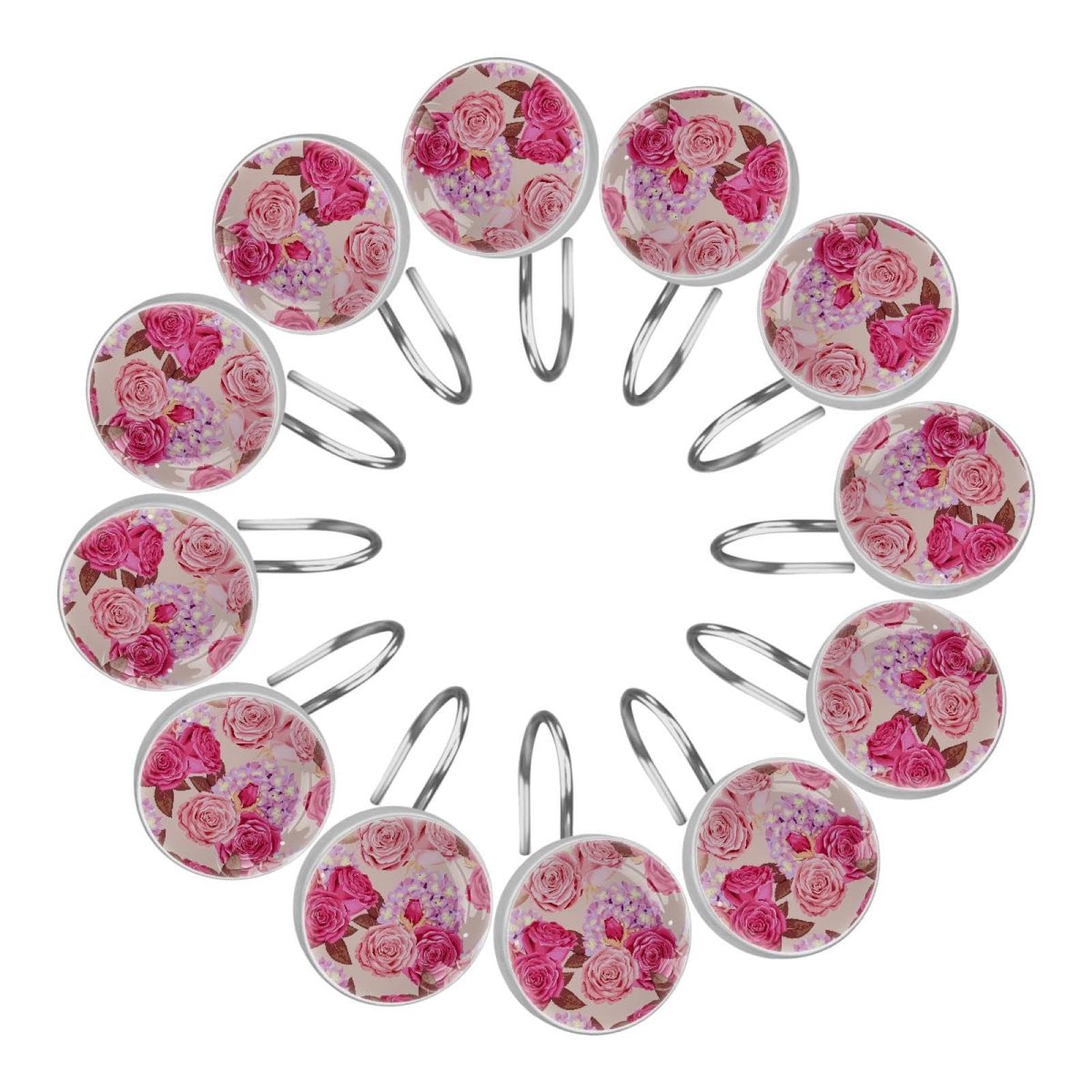 Twofishes - Set 12 Ganci Per Tenda Doccia Con Rose Rosa, In Lega Antiruggine E Poliresina, Per Aste 22-30 Mm - 2